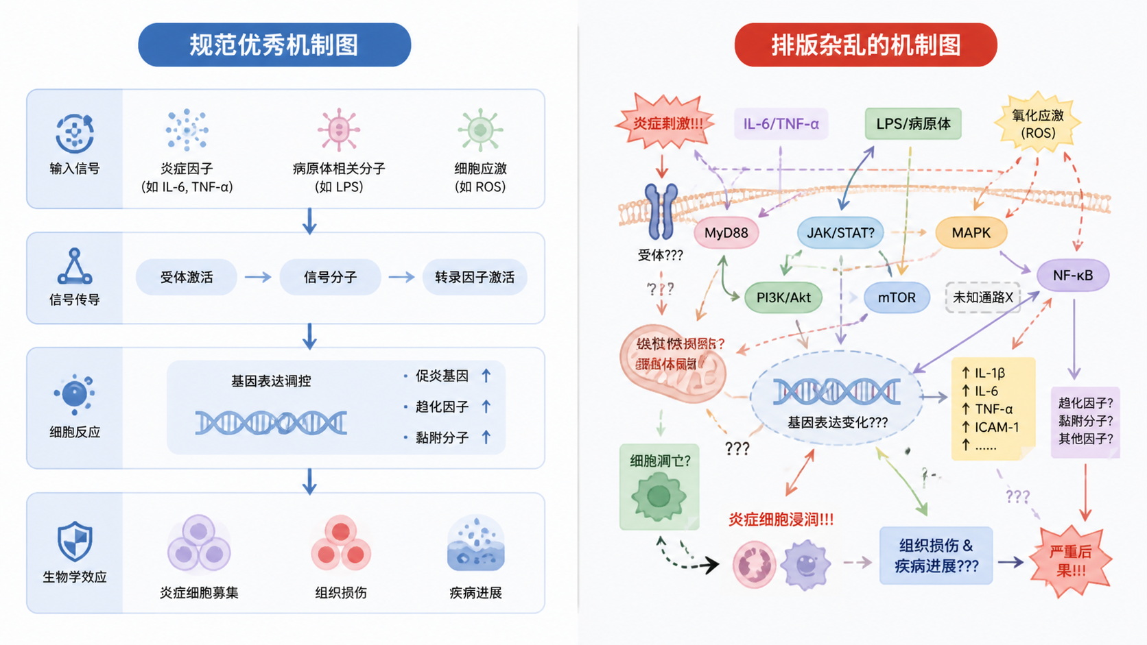 一张高质量SCI机制图示意图，包含规范配色、统一字体、清晰箭头和模块化结构，旁边对比一张排版杂乱的低质量示例图。
