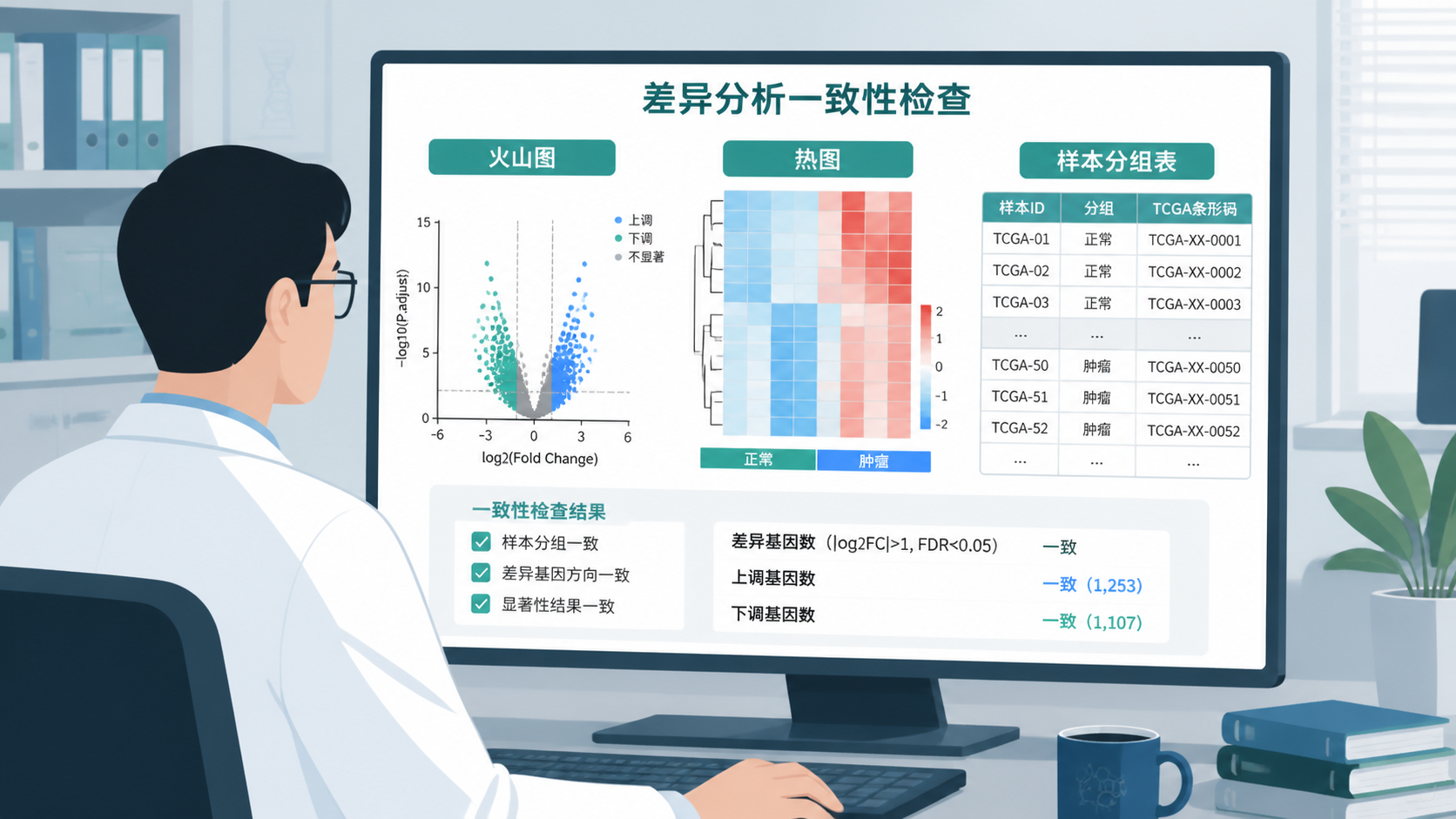 科研人员在电脑前检查TCGA火山图、热图和样本分组表，突出“差异分析一致性检查”的场景