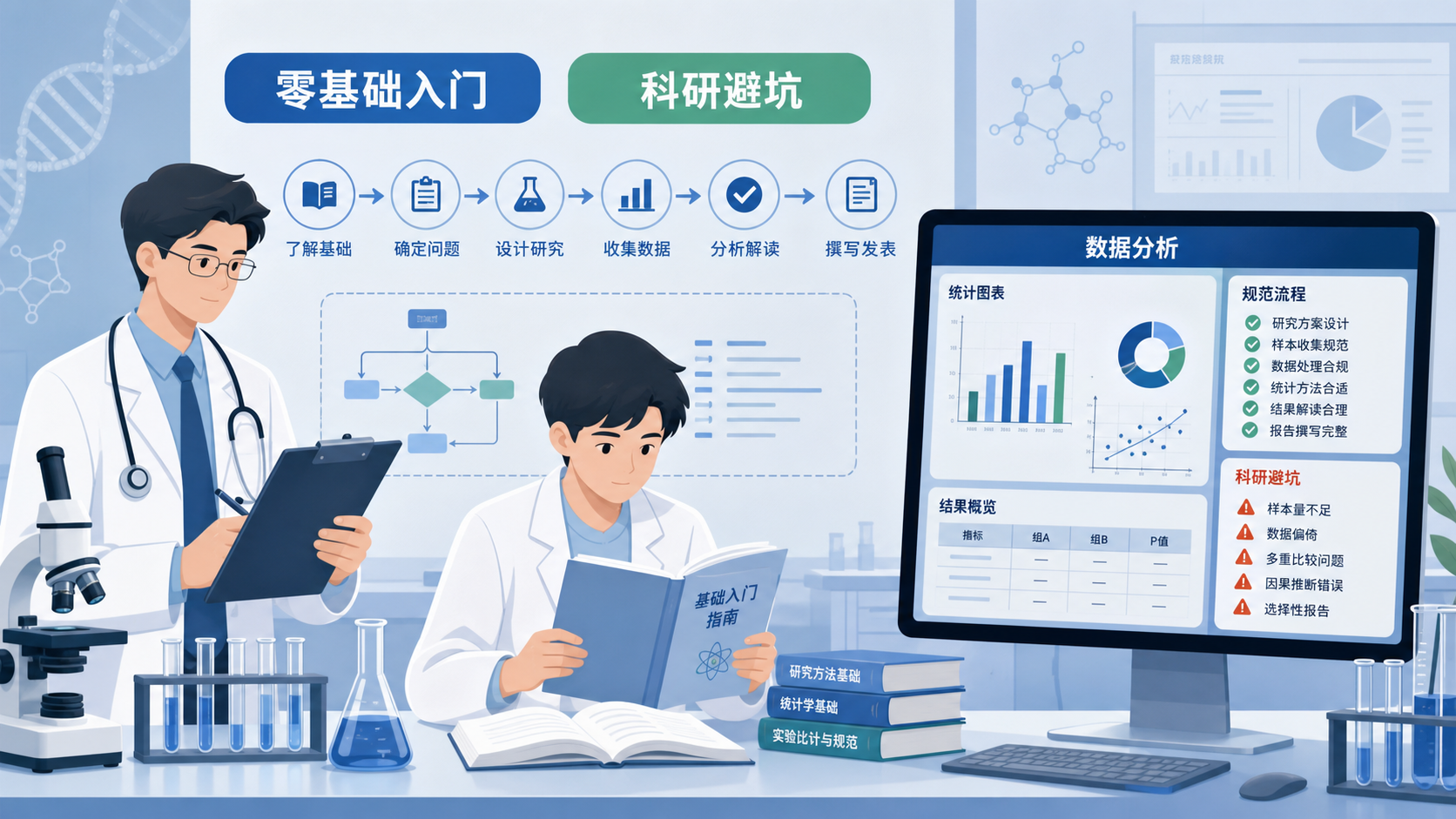实验室中医生、医学生与电脑数据分析界面并列的场景,突出“零基础入门”和“科研避坑”的主题