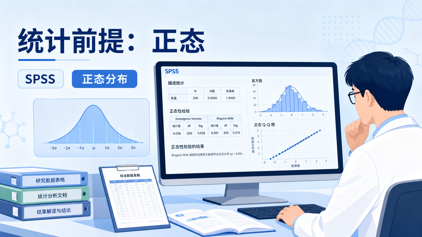 医学科研人员在电脑前查看正态分布曲线和SPSS输出结果，旁边放有样本数据表格，突出“统计前提正态性假设”的判断场景