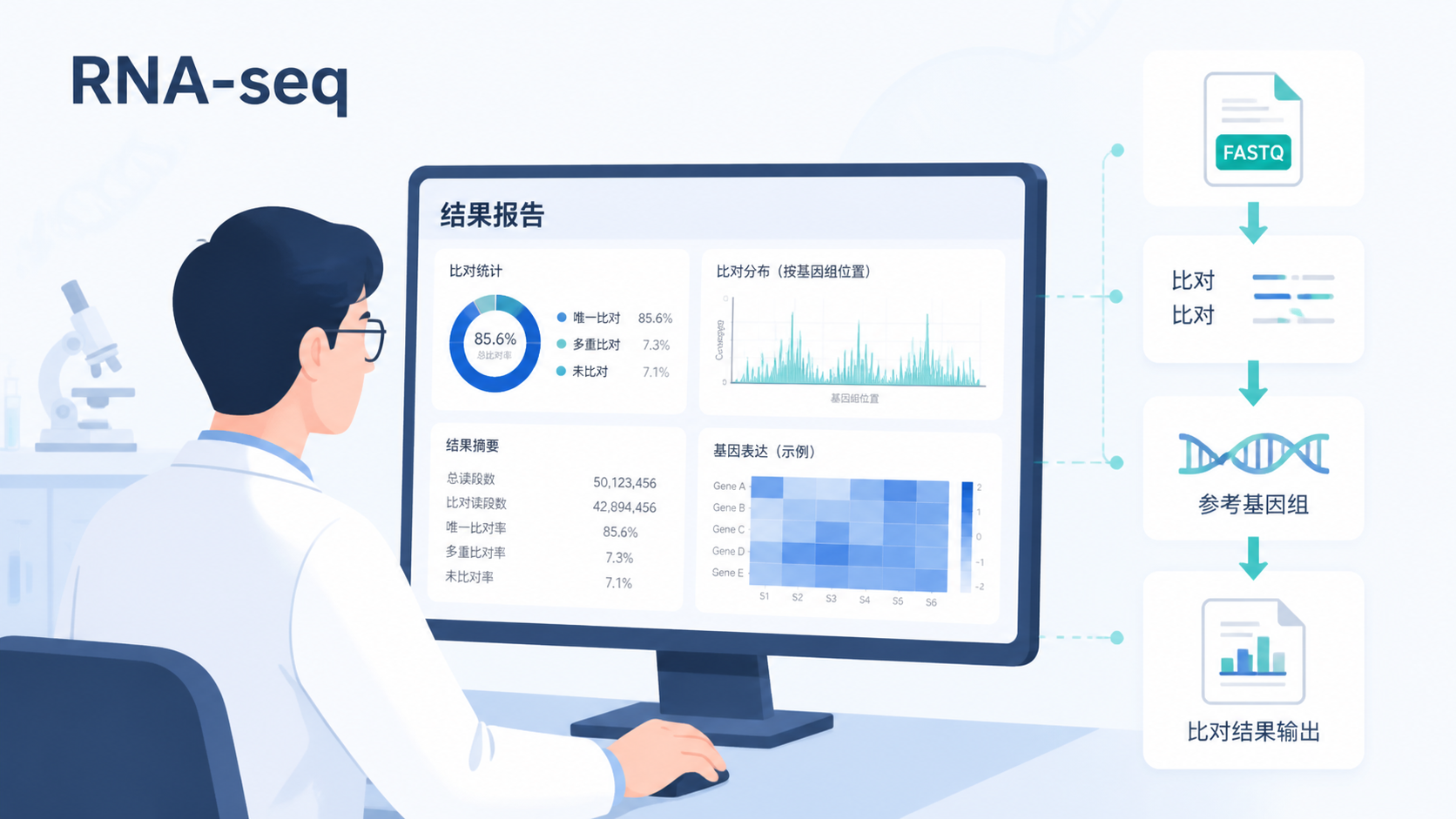 实验室科研人员在电脑前查看RNA-seq比对结果报告，旁边展示FASTQ与比对流程示意图，突出“数据质控到比对”的分析链路。