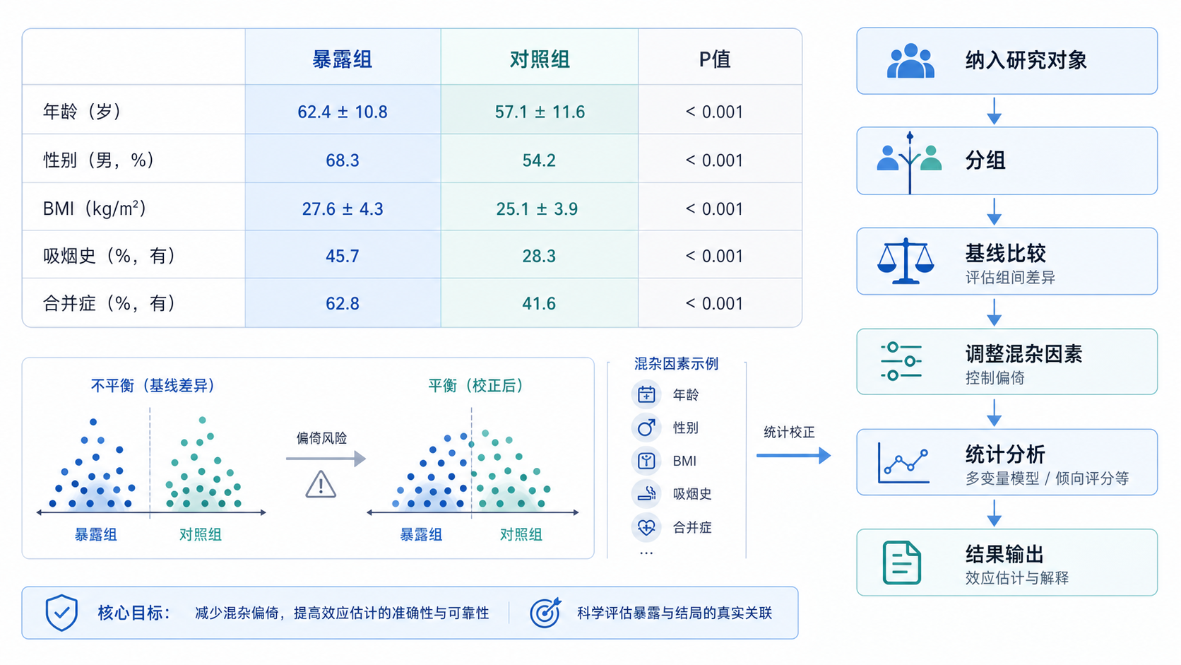 临床研究分组基线表与统计分析流程图,突出暴露组和对照组差异不均衡的场景