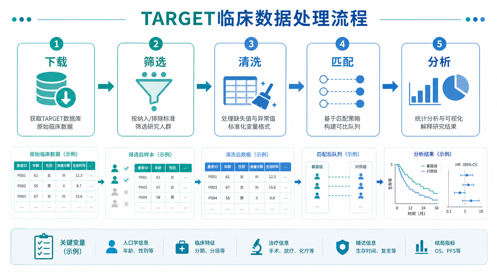 一张流程图，展示TARGET临床数据从下载、筛选、清洗、匹配到分析的完整路径。