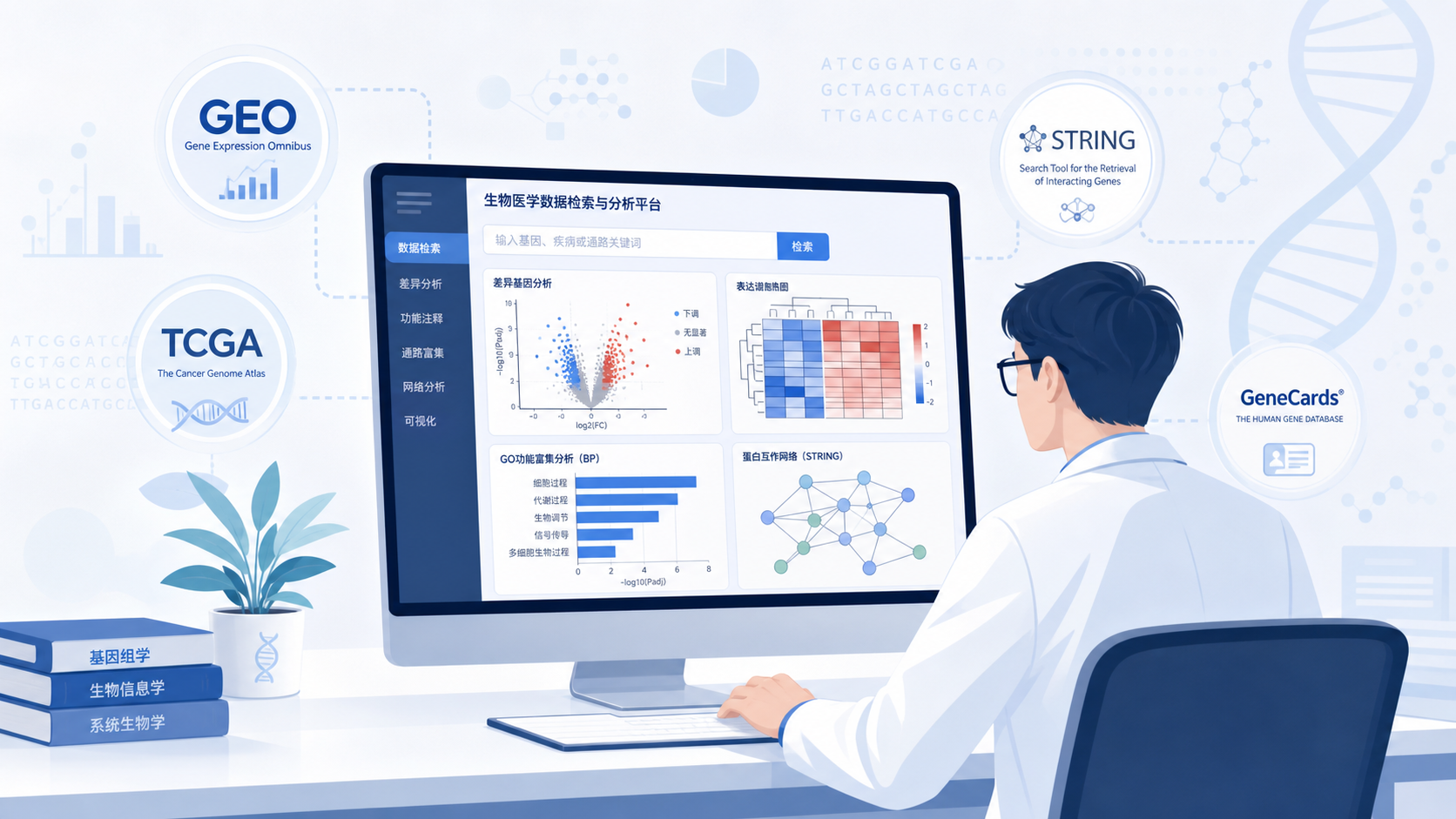 医学科研人员在电脑前检索数据库界面,旁边有GEO、TCGA、STRING、GeneCards等图标,突出“在线生信数据库”主题