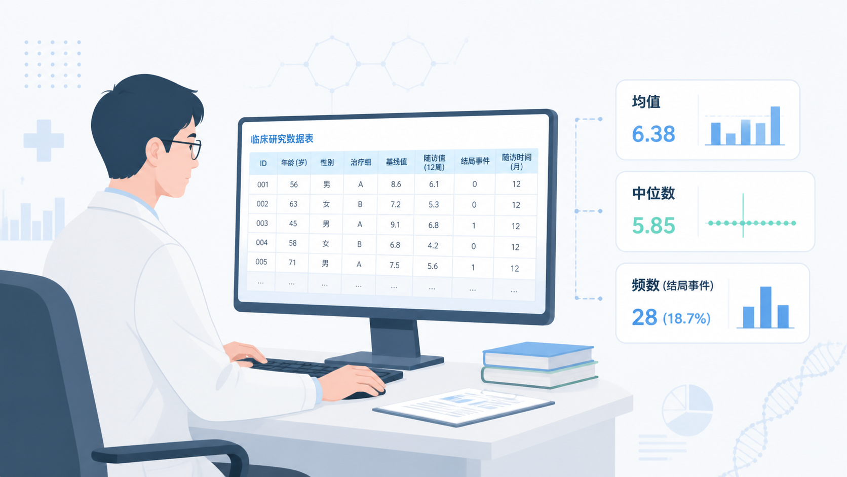 医学生在电脑前查看临床数据表，旁边展示均值、中位数、频数等统计指标的简洁图示