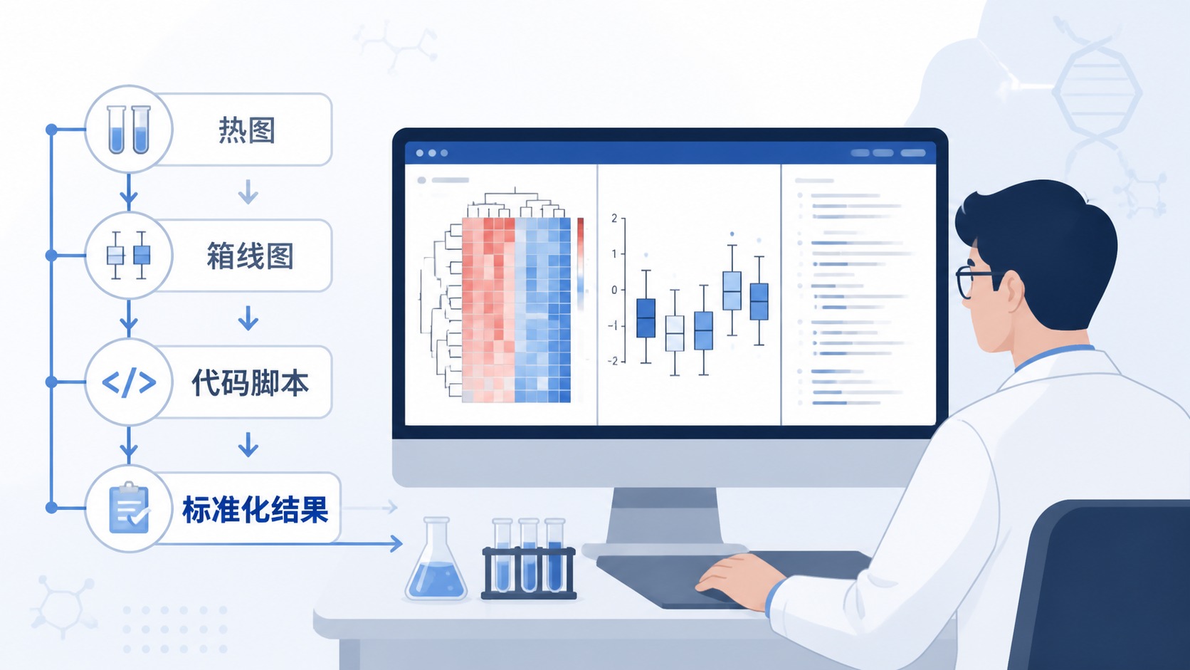一位研究者在电脑前查看标准化后的热图、箱线图和代码脚本，画面强调“流程清晰、结果规范”