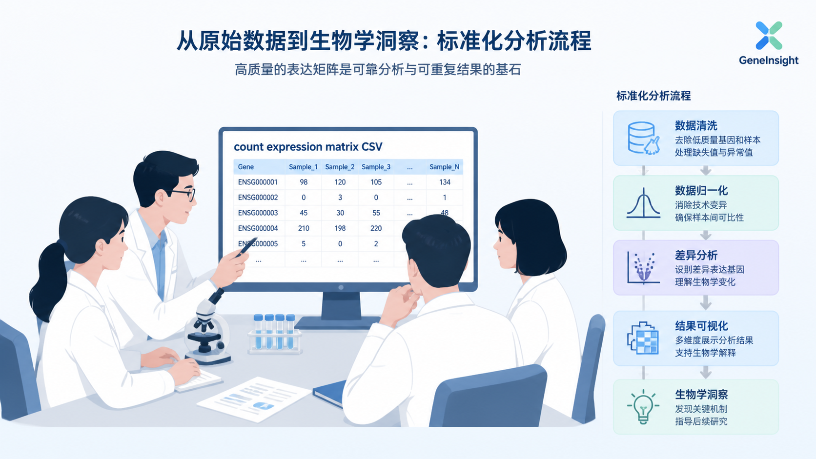 科研团队围绕电脑屏幕查看已整理好的count表达矩阵CSV文件,旁边展示标准化分析流程图和品牌标识