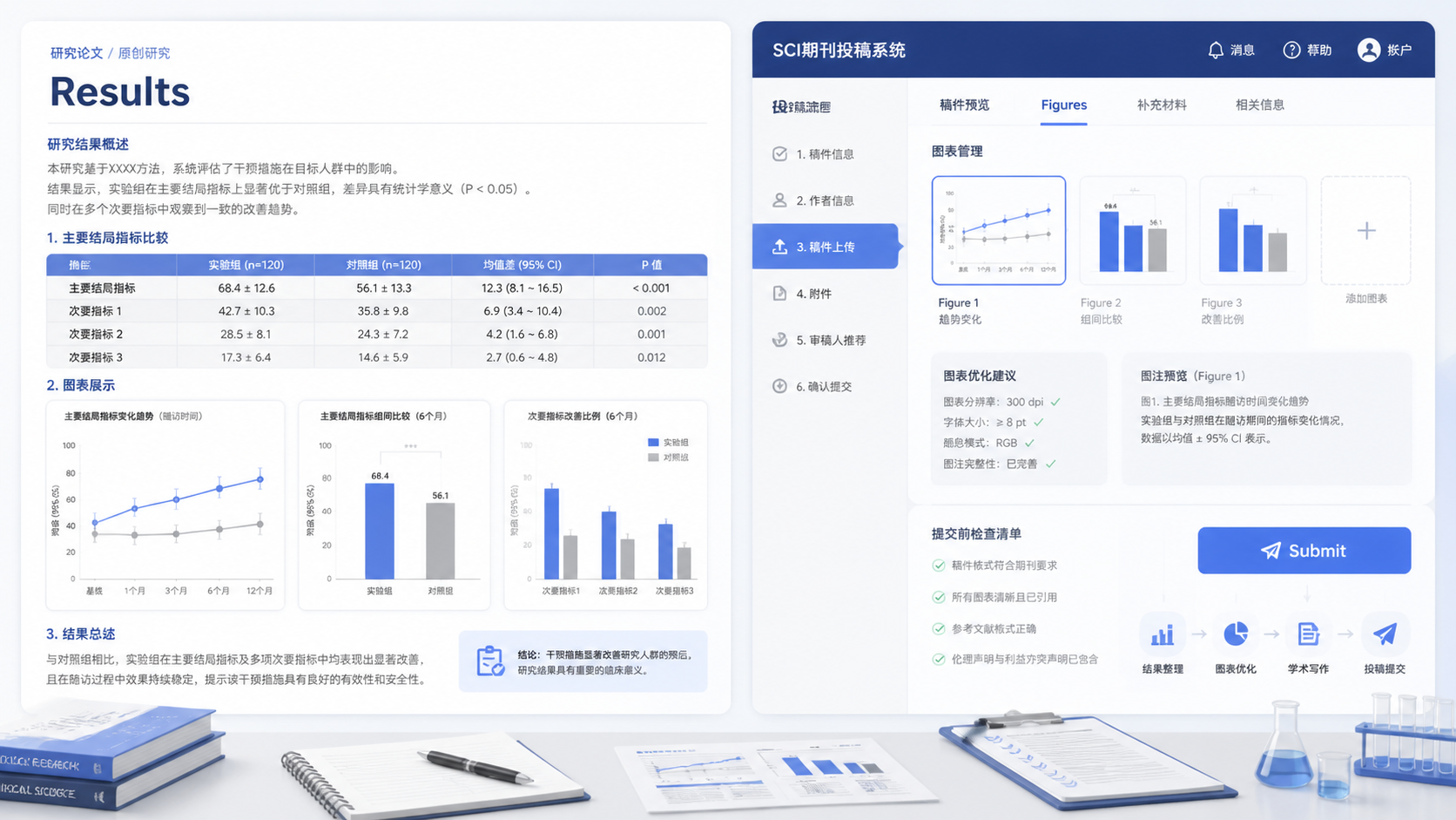 论文结果页、图表排版与SCI投稿界面结合的专业场景，突出结果整理与科研写作优化