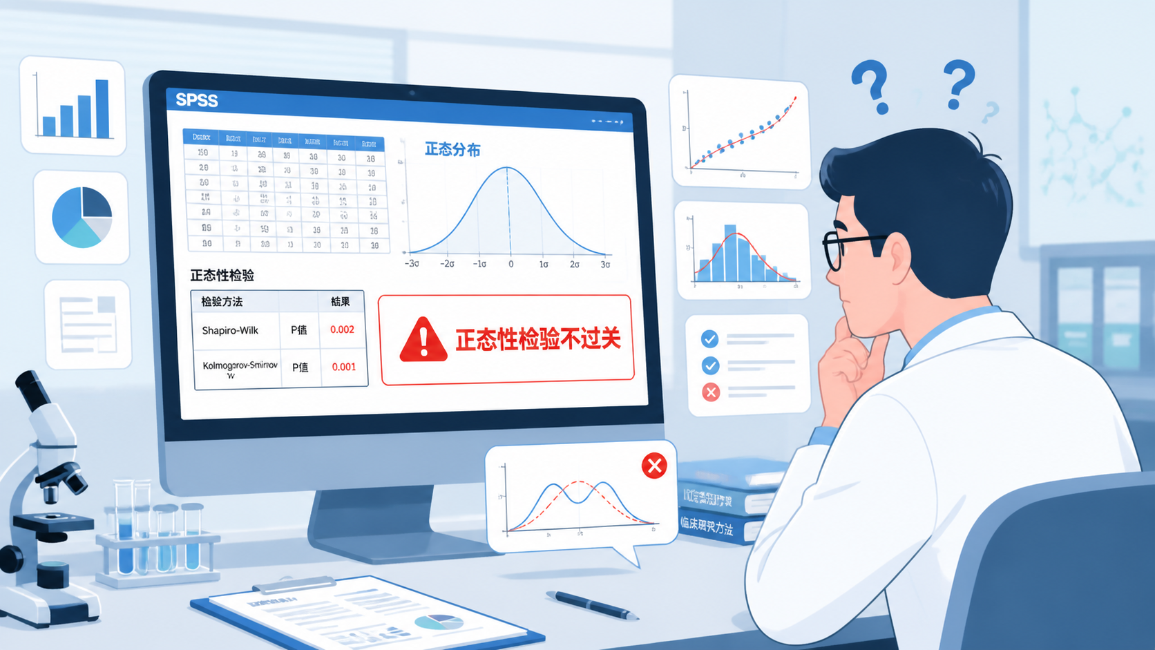医学科研场景中，研究者面对SPSS统计输出、正态分布曲线和数据表格，突出“正态性检验不过关”的困惑。