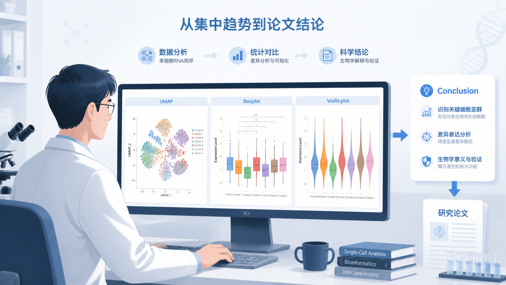 研究者在电脑前查看单细胞UMAP图、箱线图和小提琴图的组合画面，突出“从集中趋势到论文结论”的转化。