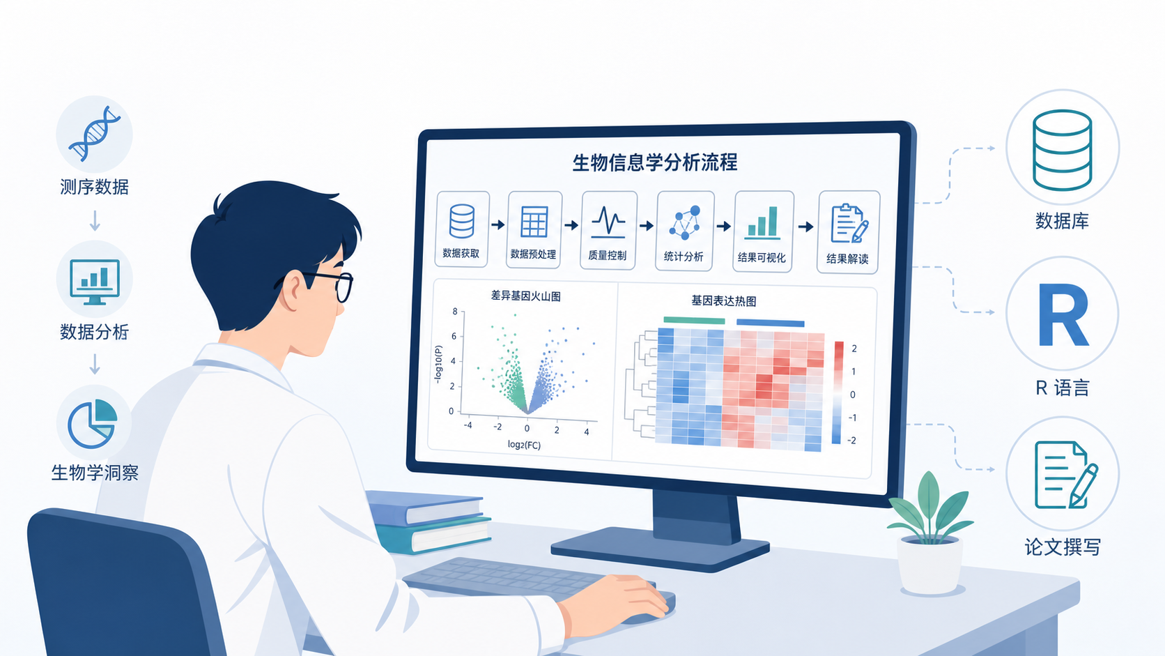 医学生在电脑前查看生信流程图，旁边有数据库、R语言和论文写作的简洁示意图