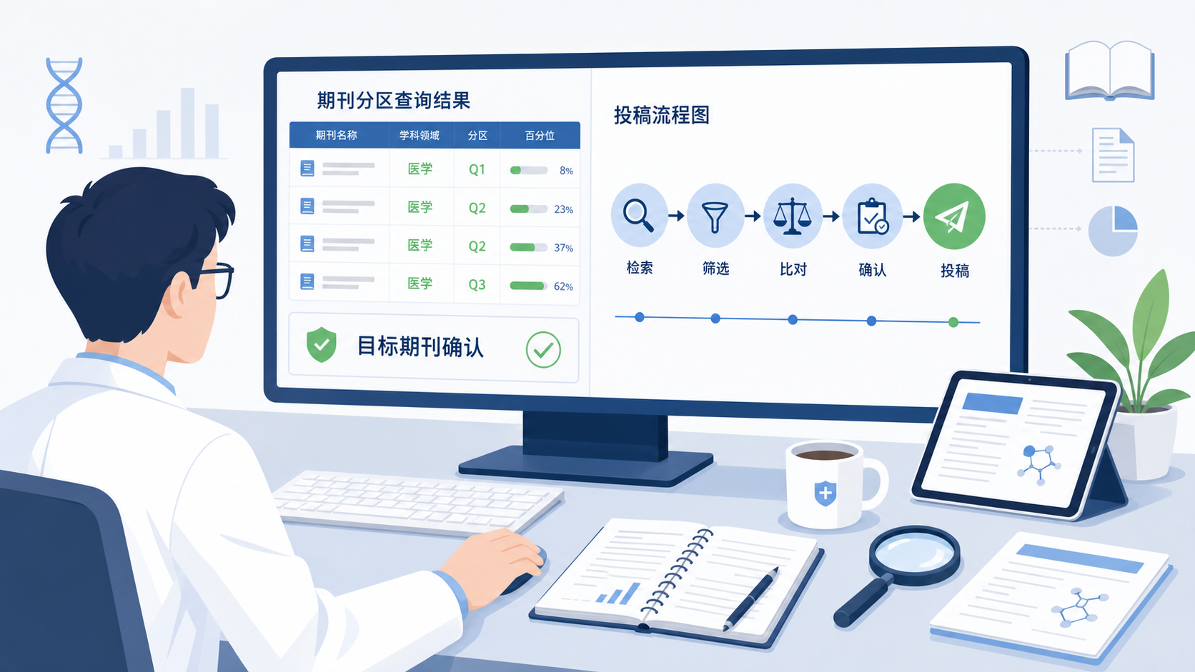 期刊分区查询结果、投稿流程图和科研人员确认目标期刊的桌面场景