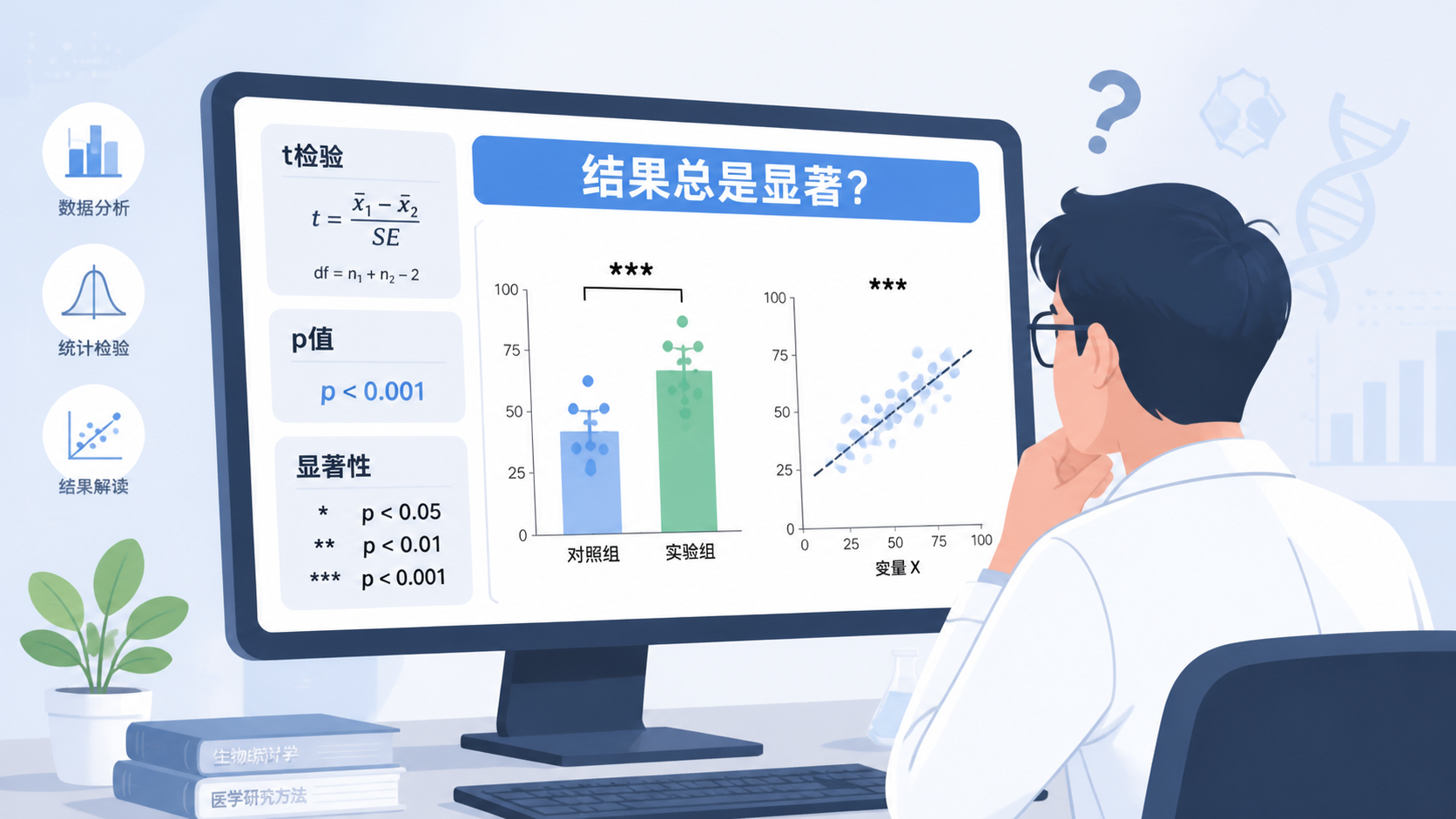 一张科研人员在电脑前查看统计结果图，旁边显示t检验、p值和显著性标记，突出“结果总是显著”的困惑。