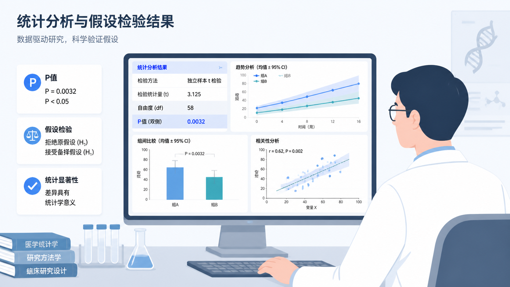 医学科研人员在电脑前查看统计结果和论文图表,屏幕上突出显示P值与假设检验结果