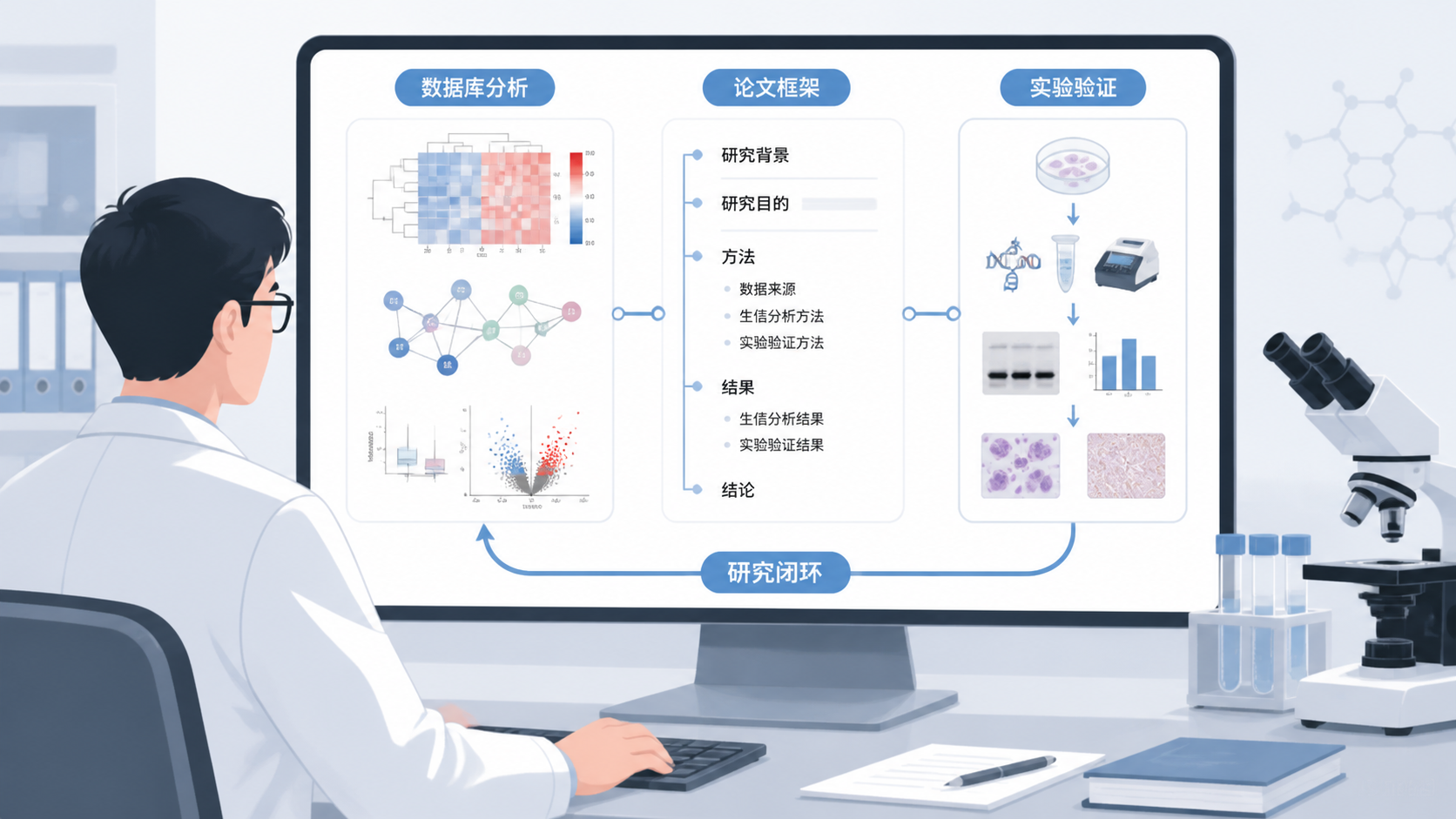 科研人员在电脑上整合数据库分析结果、论文框架和实验验证示意图，突出“生信分析+实验验证”的完整研究闭环