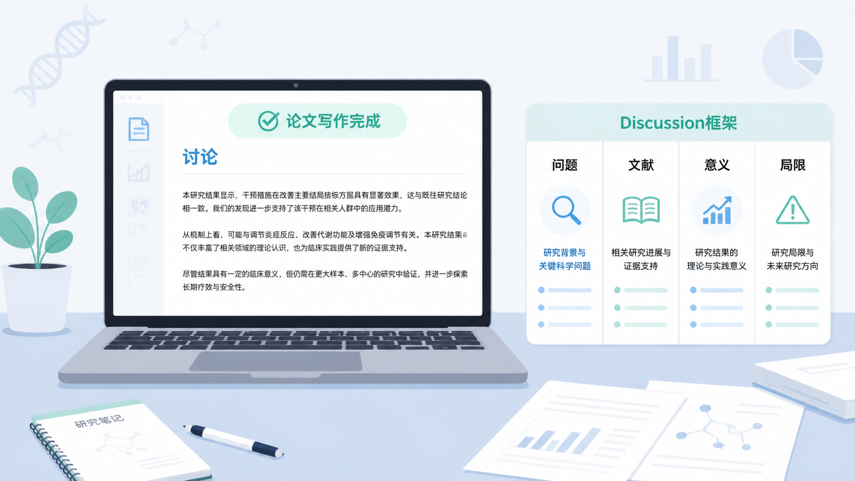 论文写作完成的电脑屏幕，旁边有“Discussion框架：问题、文献、意义、局限”的四栏清单，体现专业写作收束与方法论支持