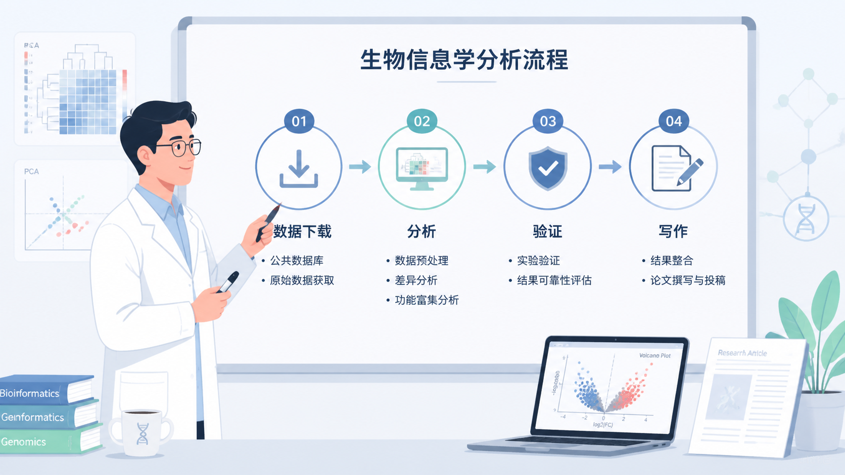 一位研究者在白板前梳理生信分析流程，包含“数据下载-分析-验证-写作”四步流程图，整体风格专业简洁。