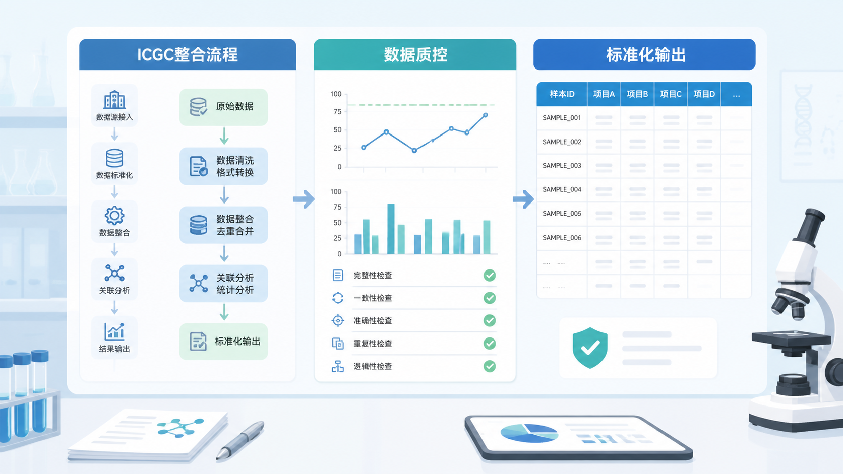 整洁的科研工作台上展示ICGC整合流程图、数据质控图和标准化输出表格，突出流程化与规范化分析
