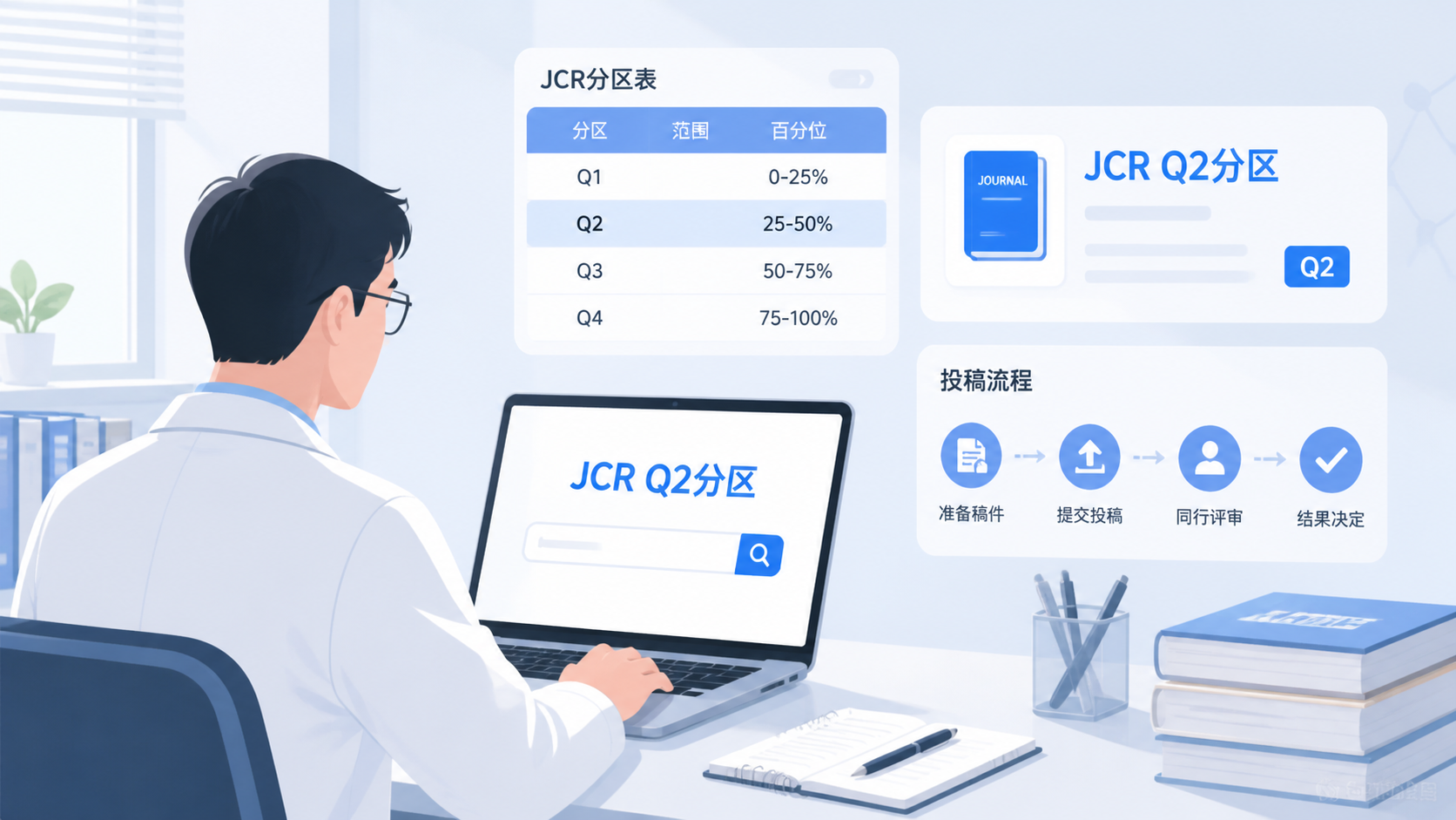 科研人员在电脑前查询期刊分区，旁边显示JCR分区表和论文投稿流程，突出“JCR Q2分区”检索场景。