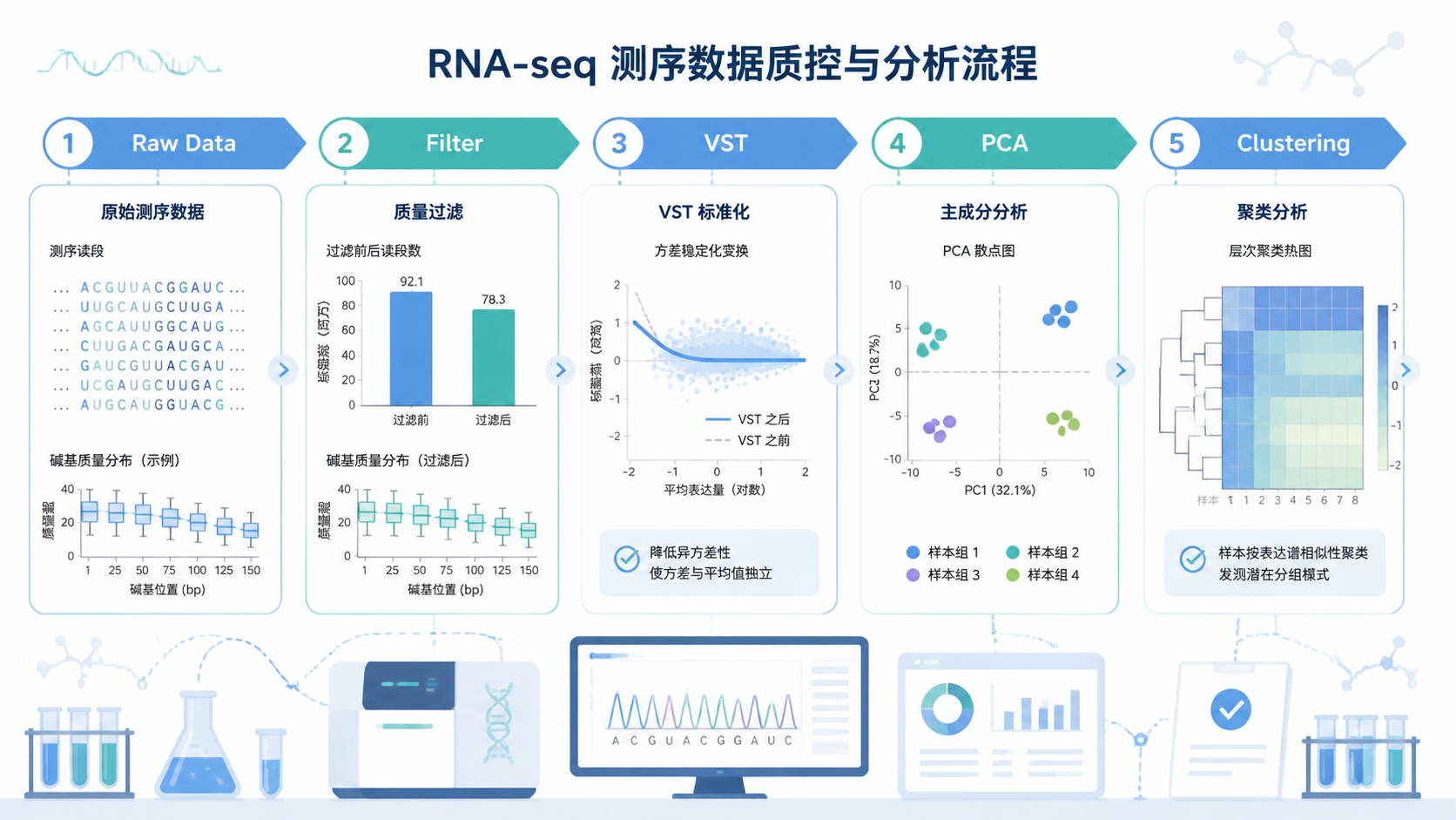 实验室场景下的RNA-seq测序数据质控流程图，包含原始数据、过滤、VST转换、PCA和聚类分析几个节点