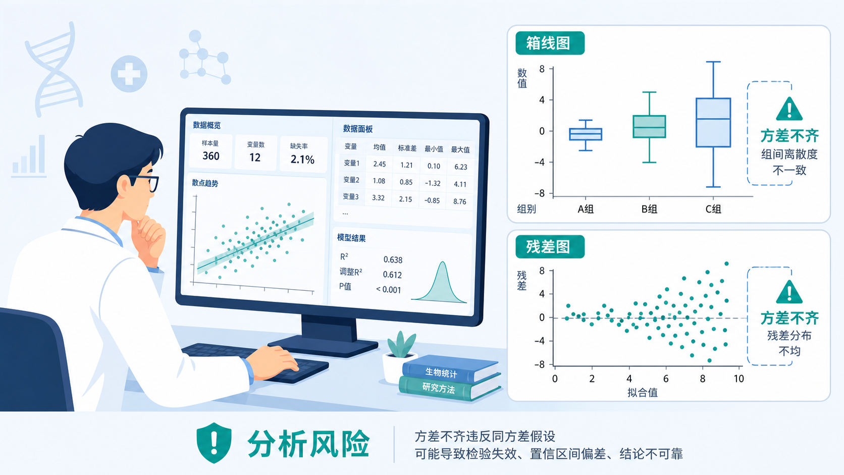 科研人员在电脑前查看统计图表，旁边展示箱线图和残差图，突出方差不齐带来的分析风险。
