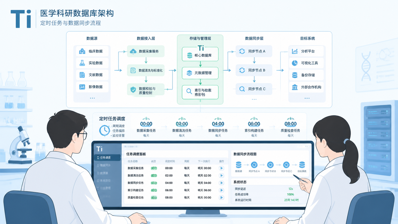 实验室或数据库架构示意图，画面包含医学生、科研人员在电脑前查看定时任务与数据同步流程，突出“Timer数据库”应用场景。