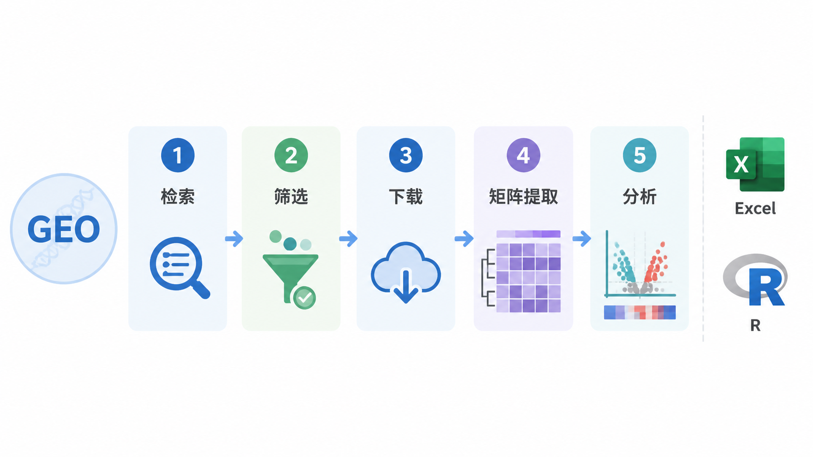 整齐的GEO数据整理流程图，包含检索、筛选、下载、矩阵提取和分析五个步骤，旁边有Excel与R语言界面