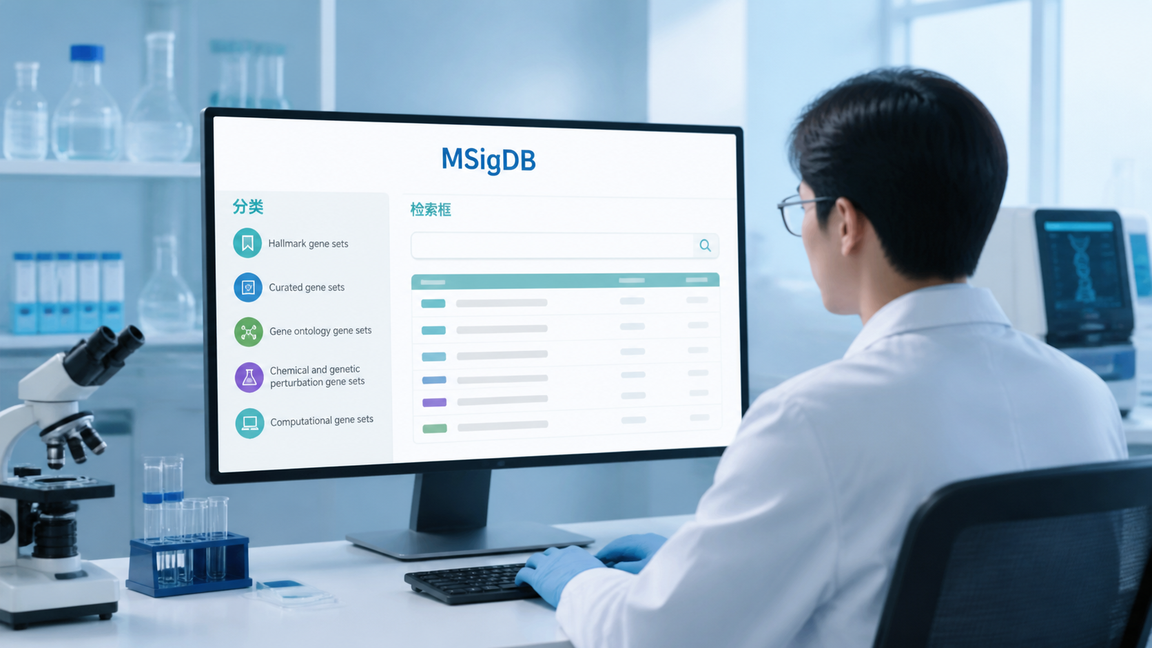 科研人员在电脑前查看基因集数据库页面，屏幕上显示MSigDB分类与检索框，背景为实验室场景。