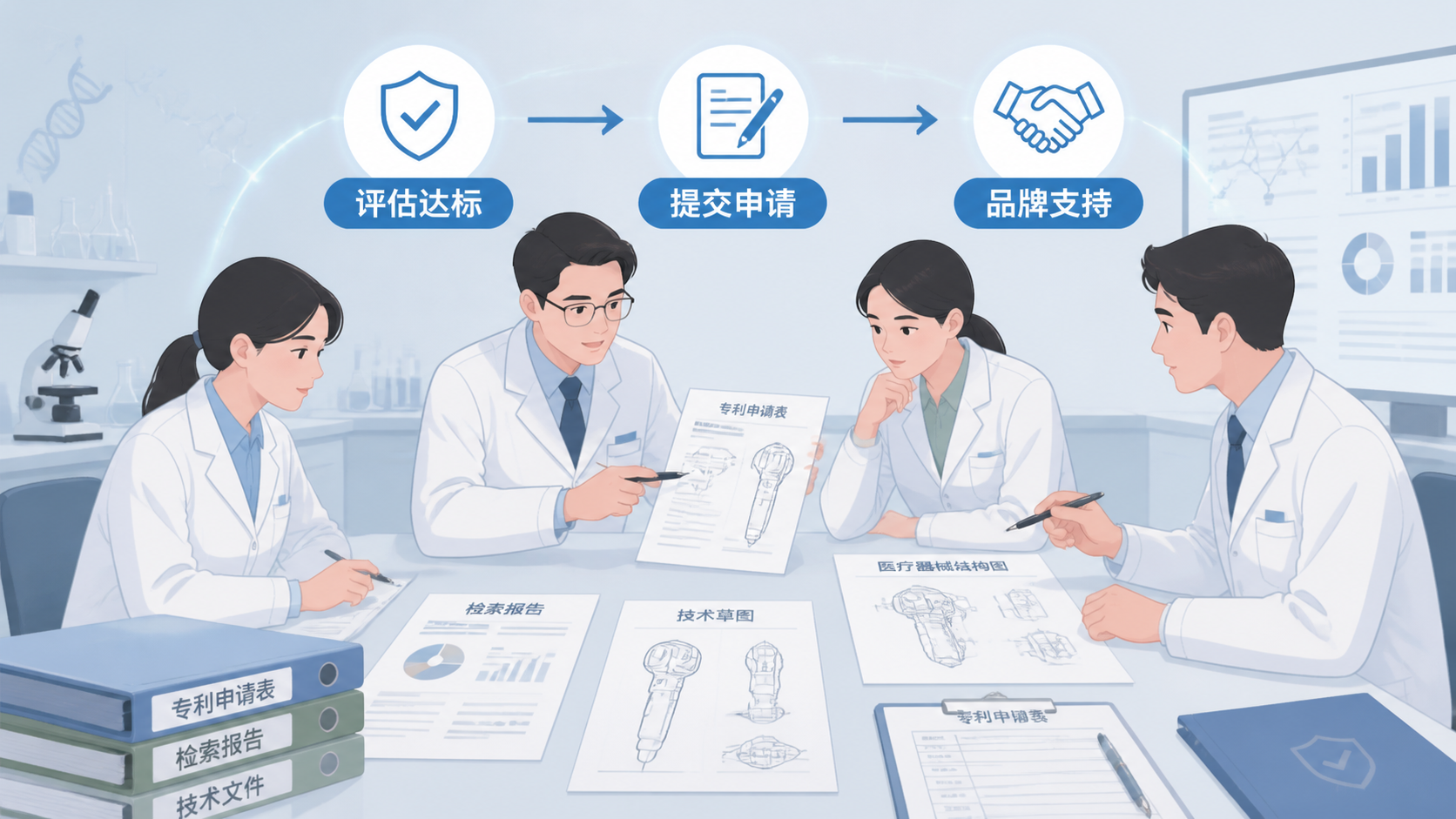 医学科研团队围桌讨论专利申请文件、检索结果和器械图纸，画面突出“评估达标、提交申请、品牌支持”