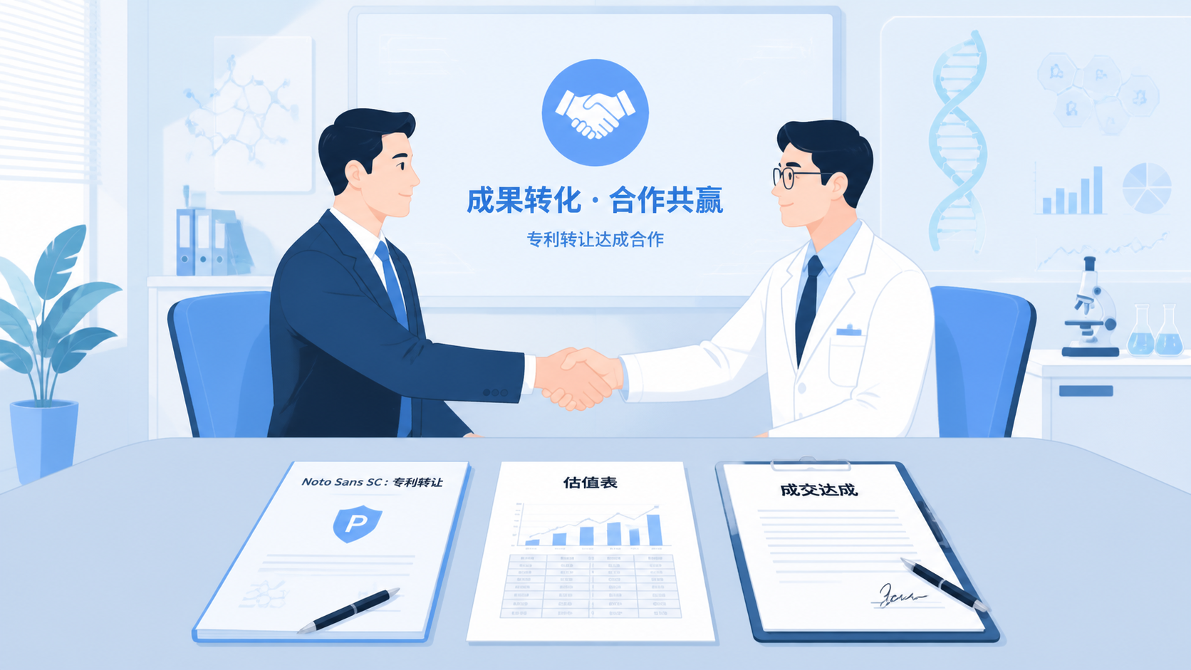 专利转让谈判场景，桌面上有专利文件、估值表、握手画面，体现成果转化与成交达成
