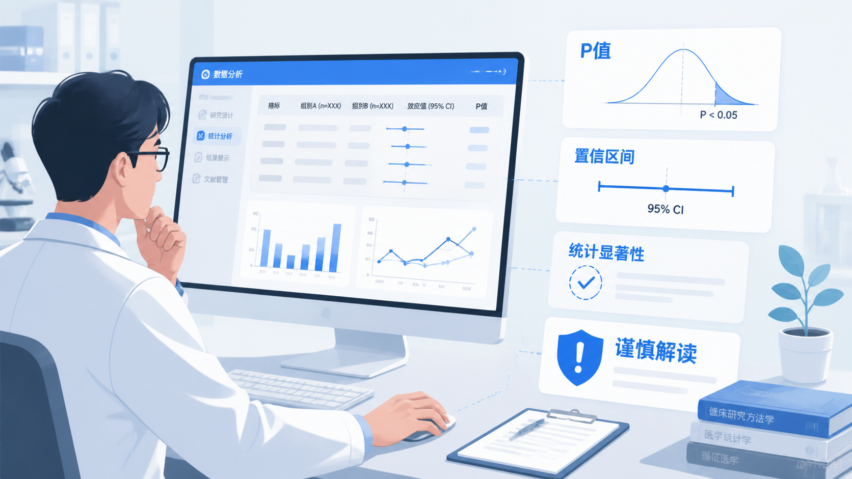 医学科研人员在电脑前查看统计结果，旁边有P值、置信区间和论文图表，突出“谨慎解读统计显著性”的科研场景
