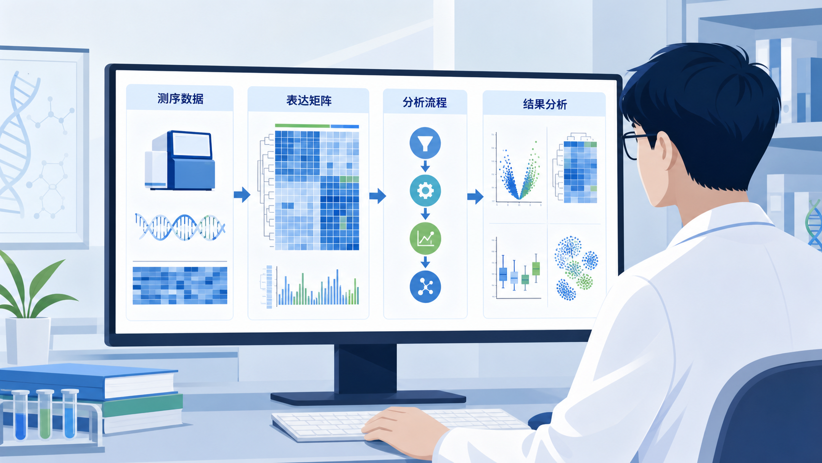 医学生在电脑前查看表达矩阵、测序数据和分析流程图,突出“数据来源到结果分析”的流程感