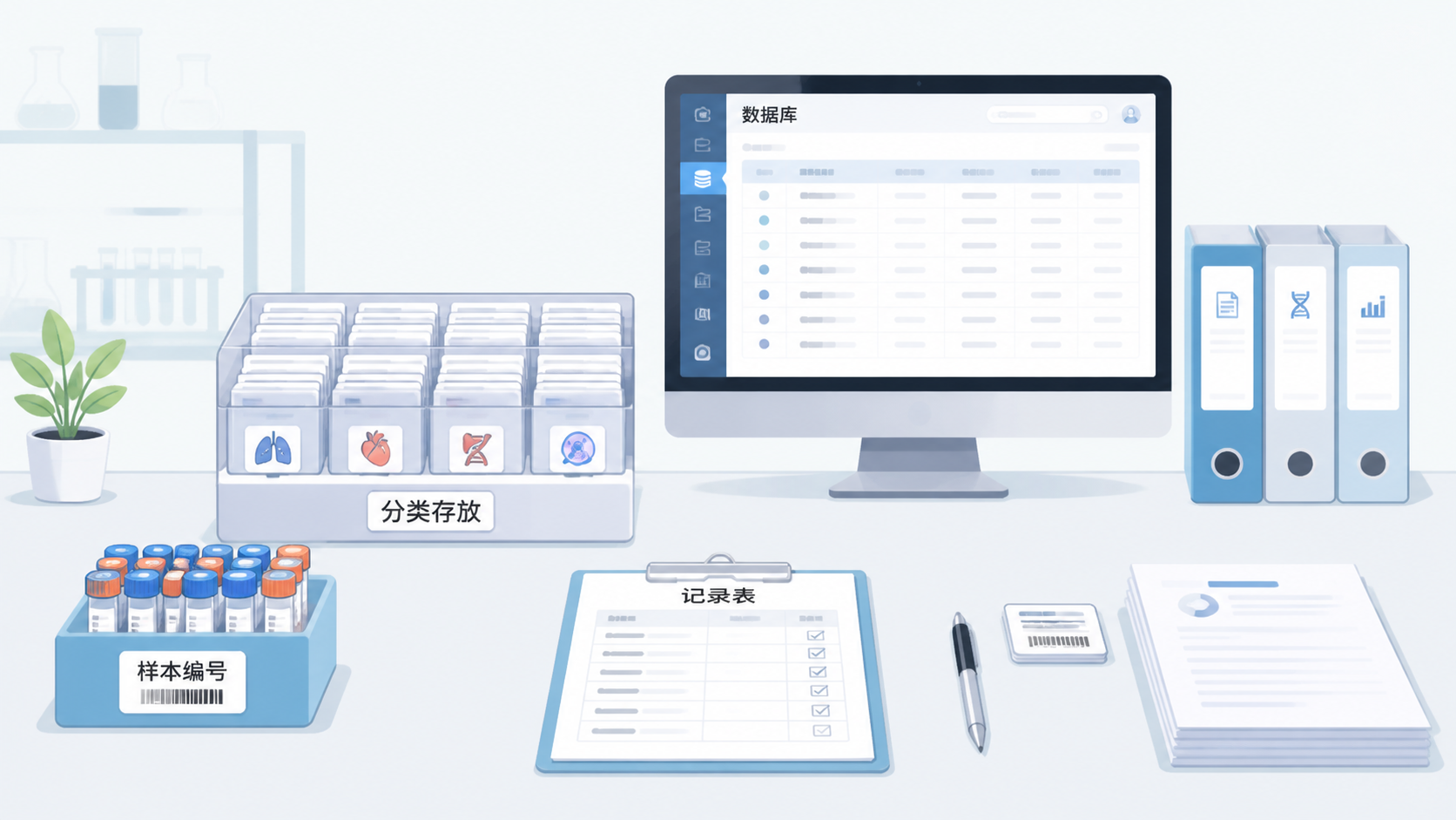 整洁的科研办公桌上摆放着标准化样本信息表、电脑数据库界面和分类样本盒，强调“规范记录、系统管理、提升科研效率”。