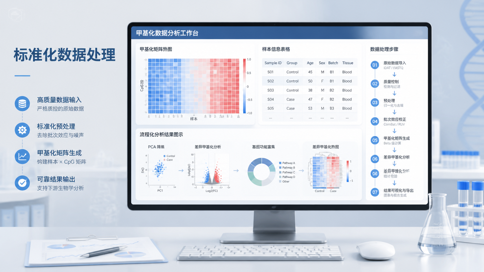 整洁的数据分析工作台，屏幕上显示甲基化矩阵、样本信息表和流程化分析结果，旁边有“标准化数据处理”字样，突出科研转化场景