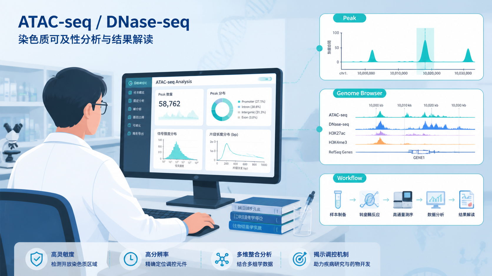 科研人员在电脑前分析ATAC-seq或DNase-seq结果，旁边展示峰图、基因组浏览器和流程图。