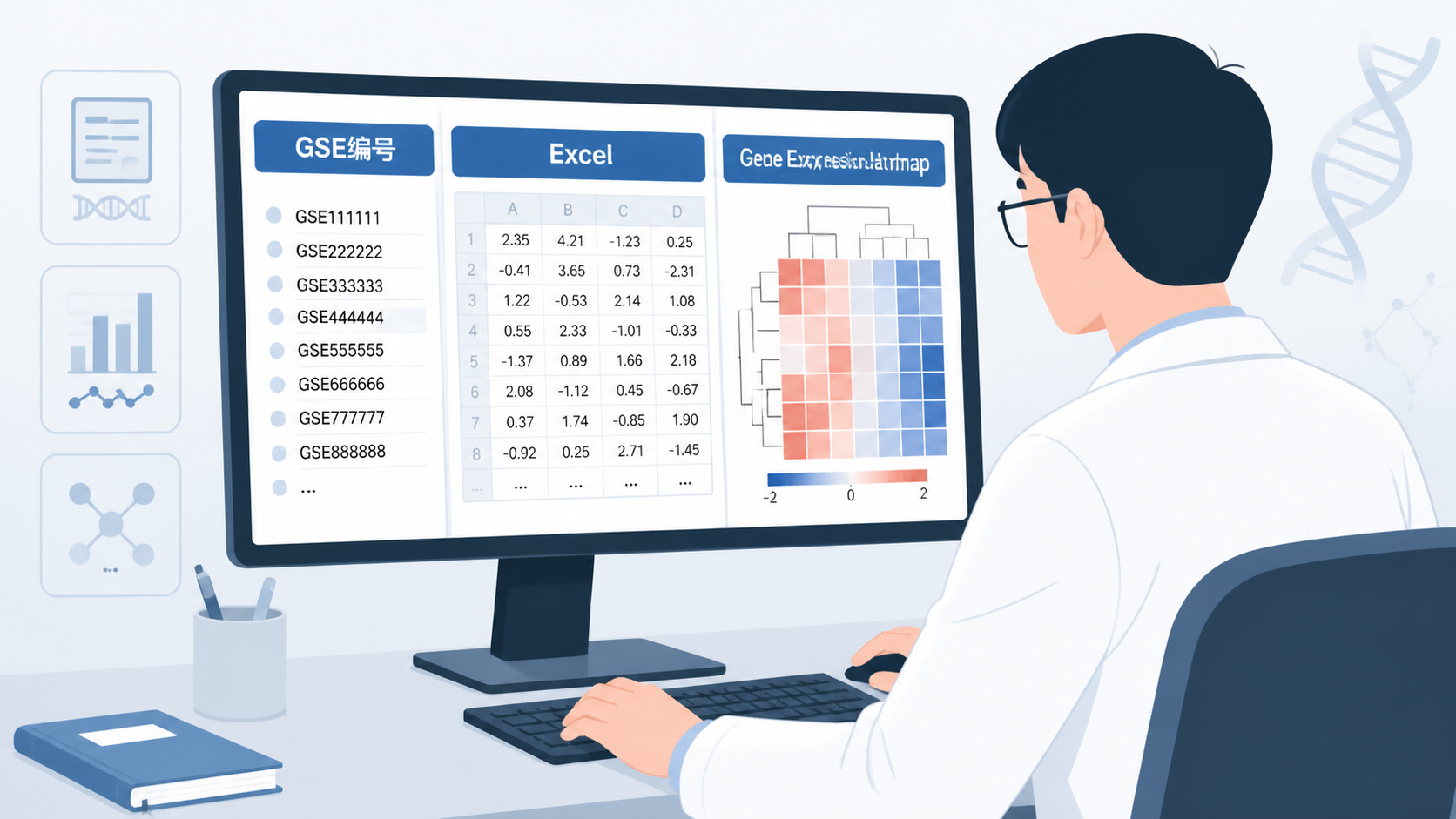 一位研究人员在电脑前整理GEO数据集列表，屏幕上显示GSE编号、Excel表格和基因表达热图，强调数据整合的研究流程感。