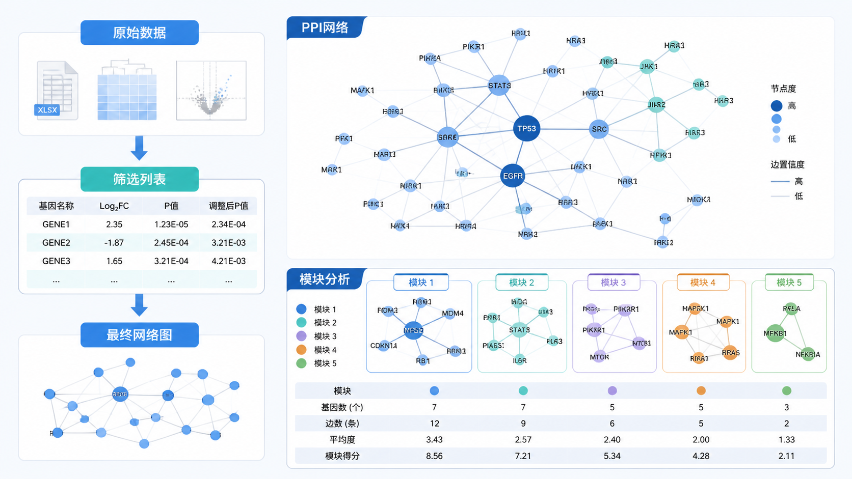 从原始数据、筛选列表到最终网络图的流程示意图，右侧展示论文中的PPI网络和模块分析图，整体风格专业简洁