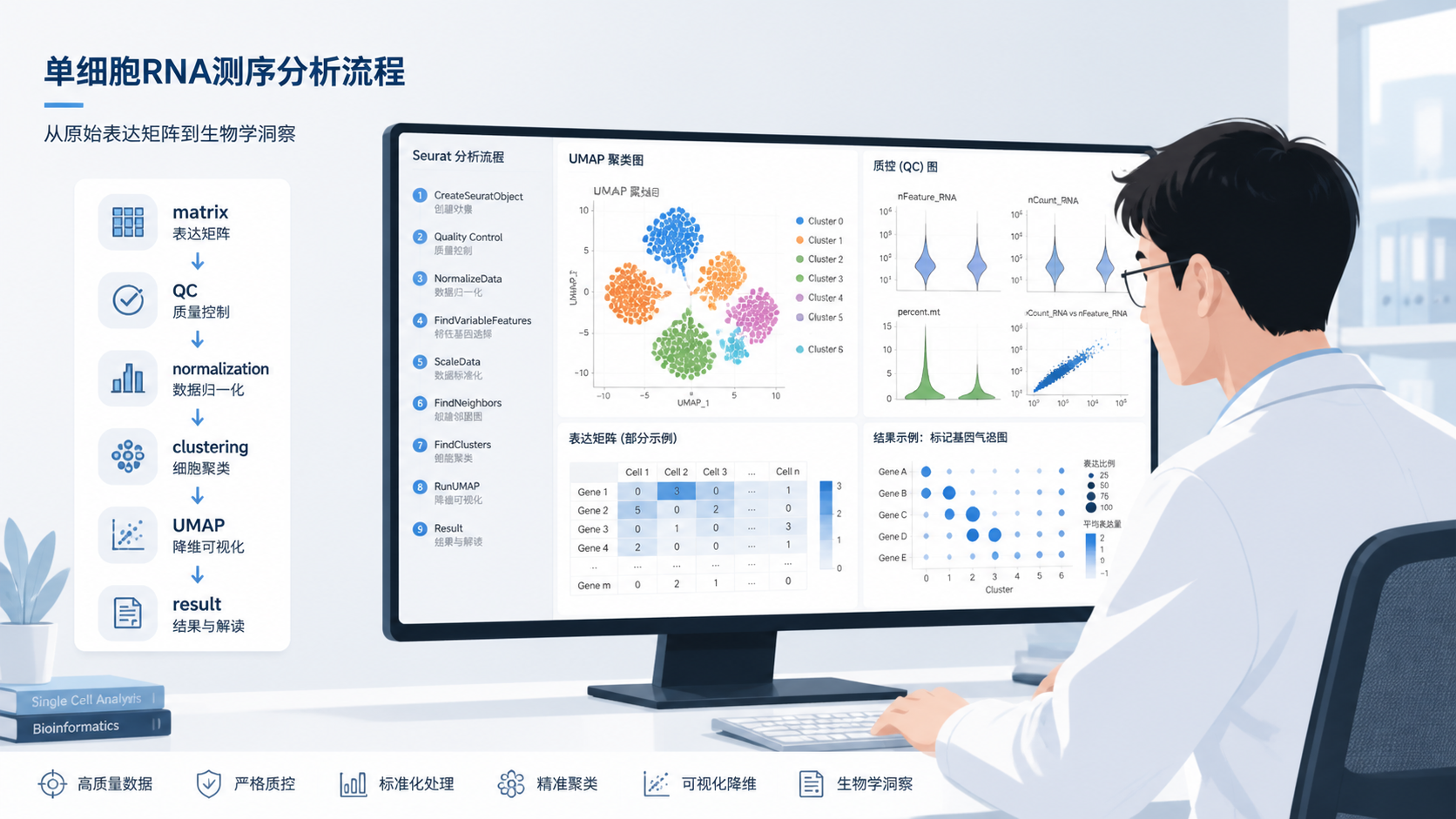 科研人员在电脑前查看单细胞UMAP图、质控图和Seurat分析流程面板的场景，突出从矩阵到结果的完整分析链路