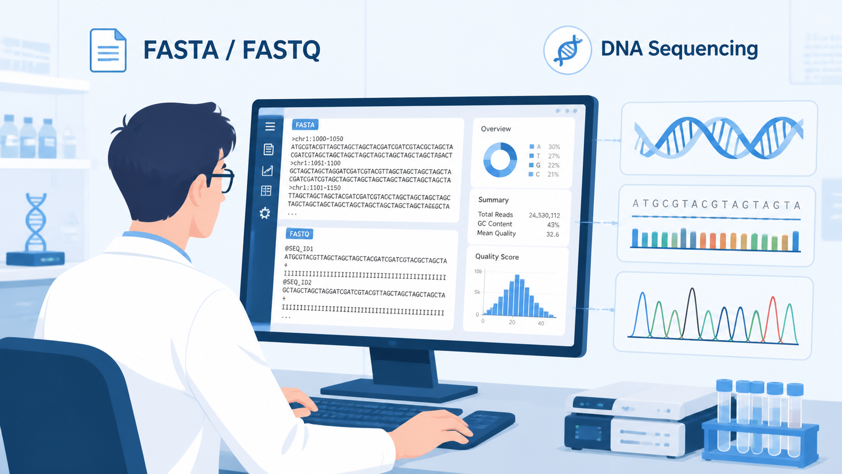 实验室场景中，研究人员在电脑前查看FASTA/FASTQ序列文件，旁边展示DNA双螺旋与测序数据界面