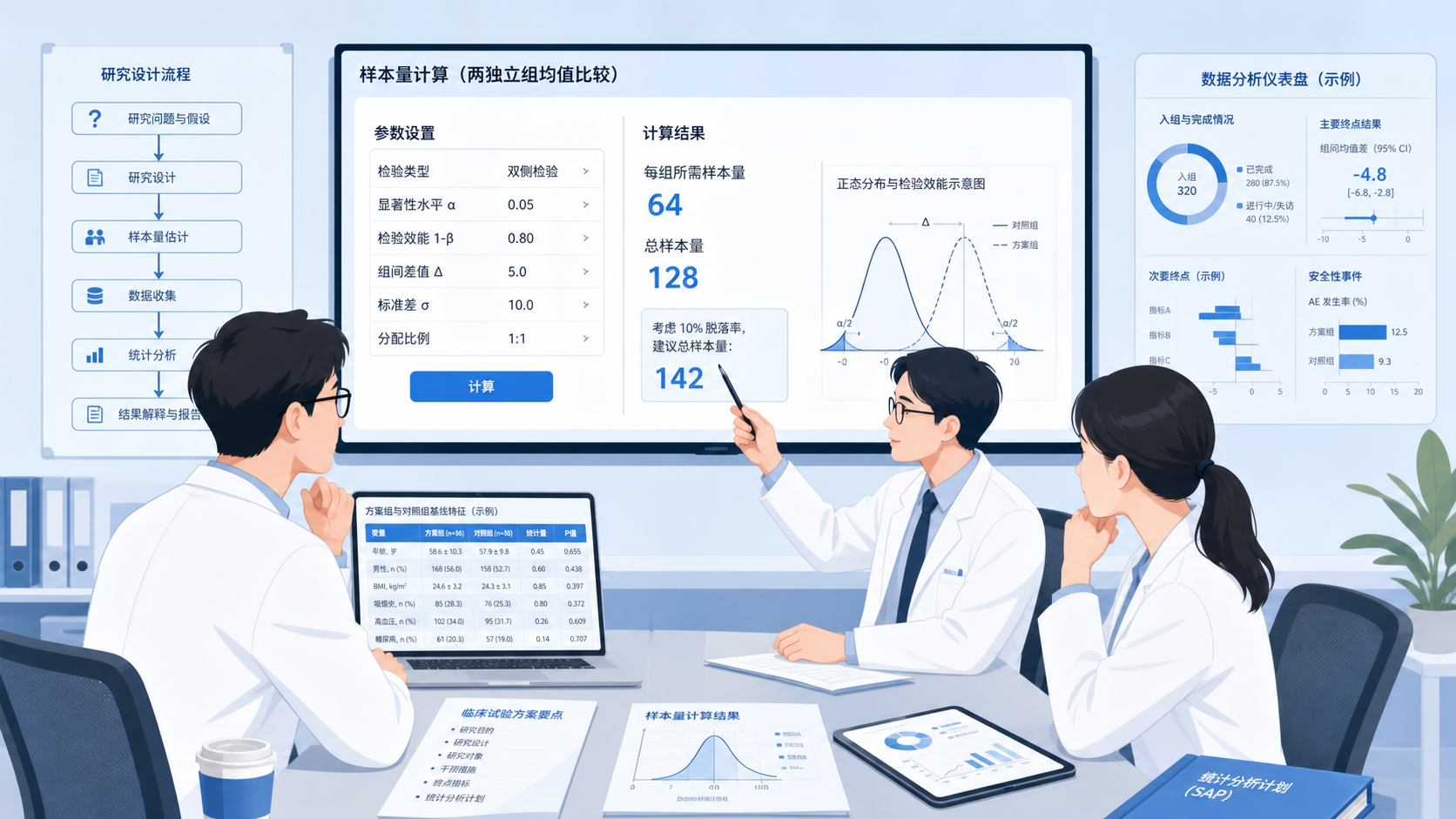 临床研究设计场景图，包含统计表格、样本量计算界面和医生讨论方案的画面