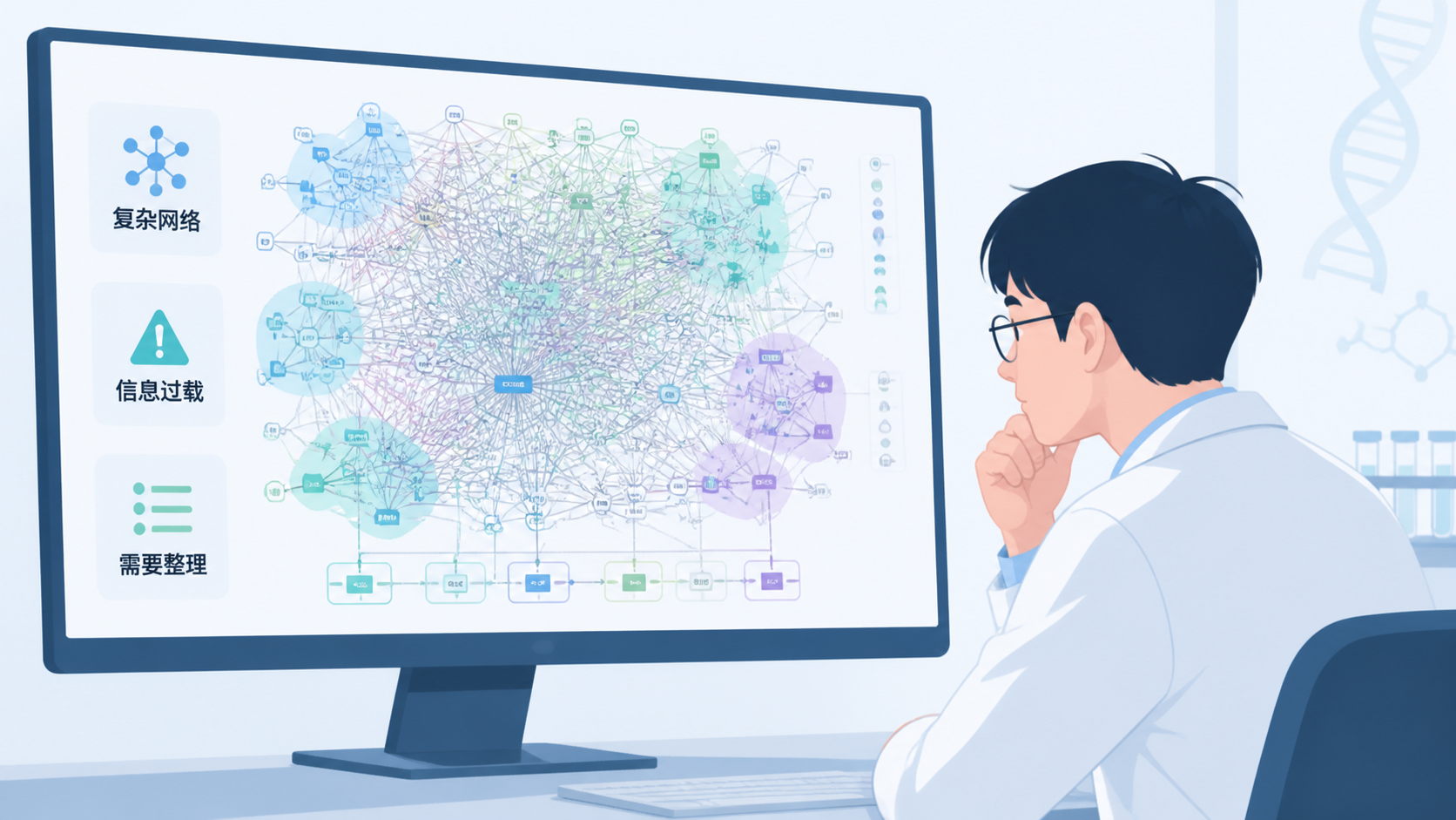 科研人员在电脑前查看复杂的分子调控网络图，画面包含节点、连线和分组模块，突出“信息太乱”与“需要规范解析”的场景