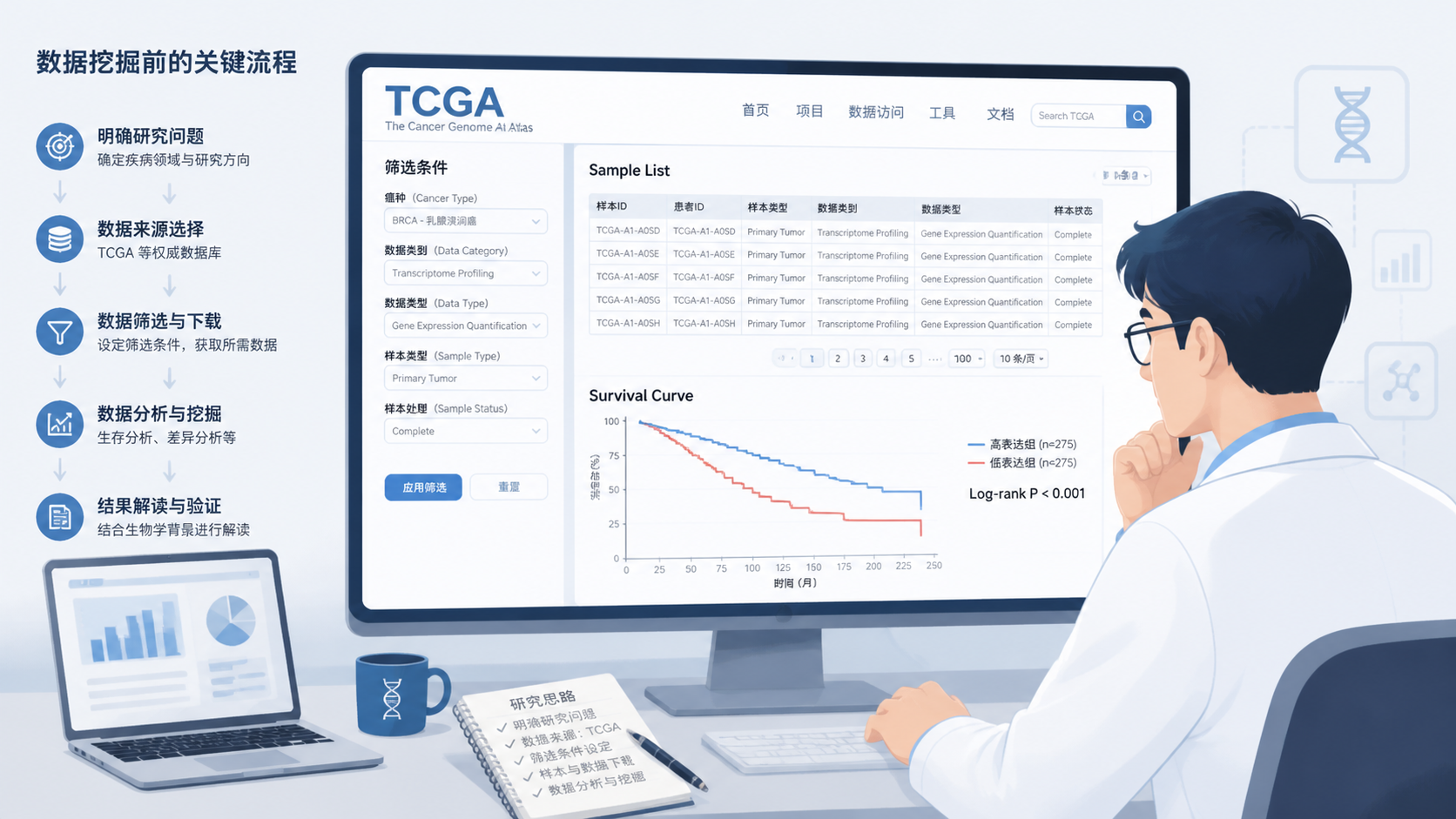 科研人员在电脑前查看TCGA数据库、样本列表和生存曲线的场景，强调数据挖掘前的选题与数据筛选