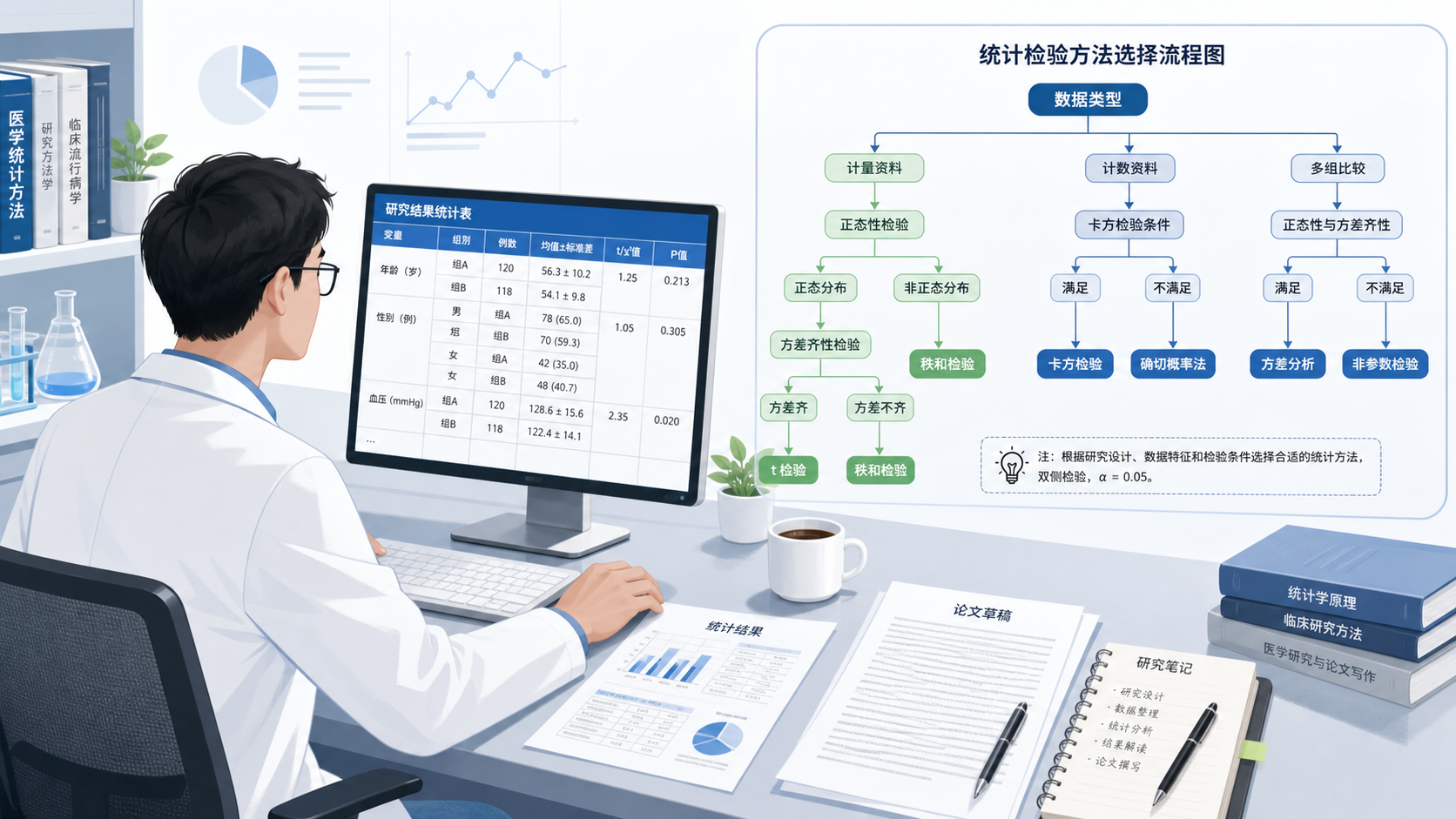 科研人员整理论文结果表格，旁边显示统计检验方法选择流程图，突出规范分析与论文写作场景