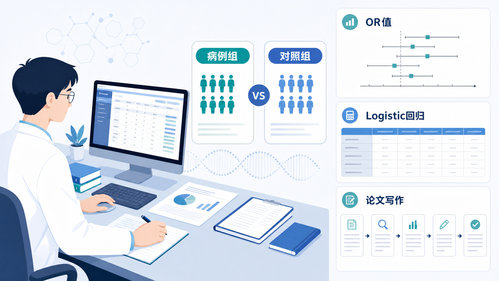 科研人员在电脑前整理病例组与对照组数据，旁边展示OR值森林图、Logistic回归表和论文写作框架，整体呈现系统化学习与成果产出。
