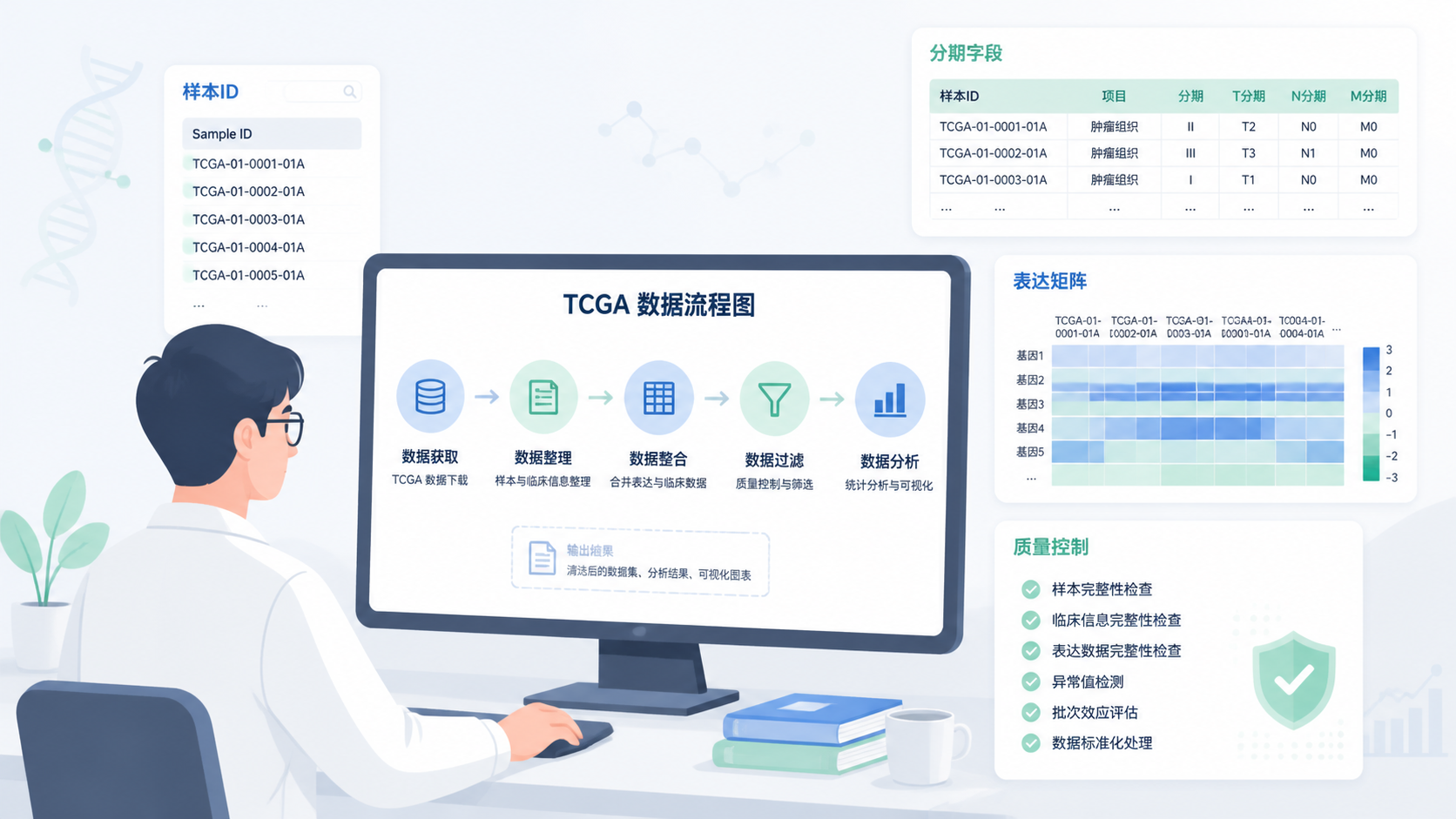 科研人员在电脑前整理TCGA数据流程图，旁边展示样本ID、分期字段、表达矩阵和质量控制清单