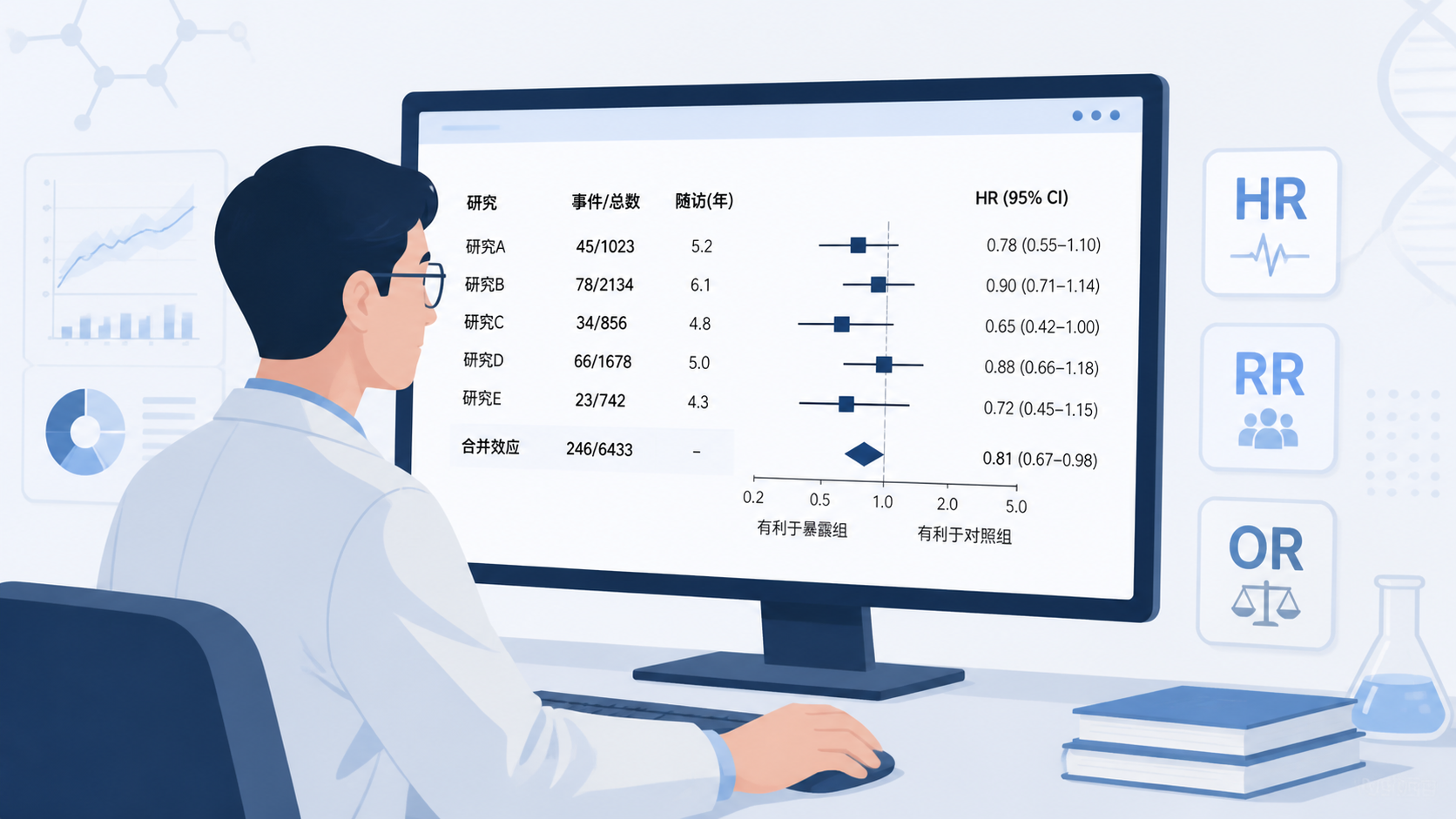 科研人员在电脑前查看队列研究数据表和森林图，旁边有HR、RR、OR等指标标签