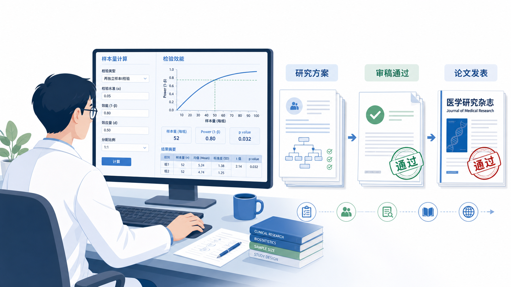 科研人员使用统计软件进行样本量与检验效能计算，旁边展示研究方案、审稿通过和发表论文的场景