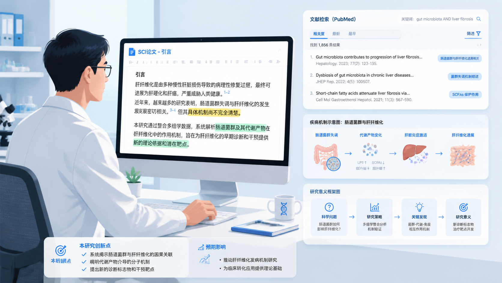 医学科研人员在电脑前修改SCI论文引言，旁边有文献检索、疾病机制图和高亮标注的研究意义框架图。