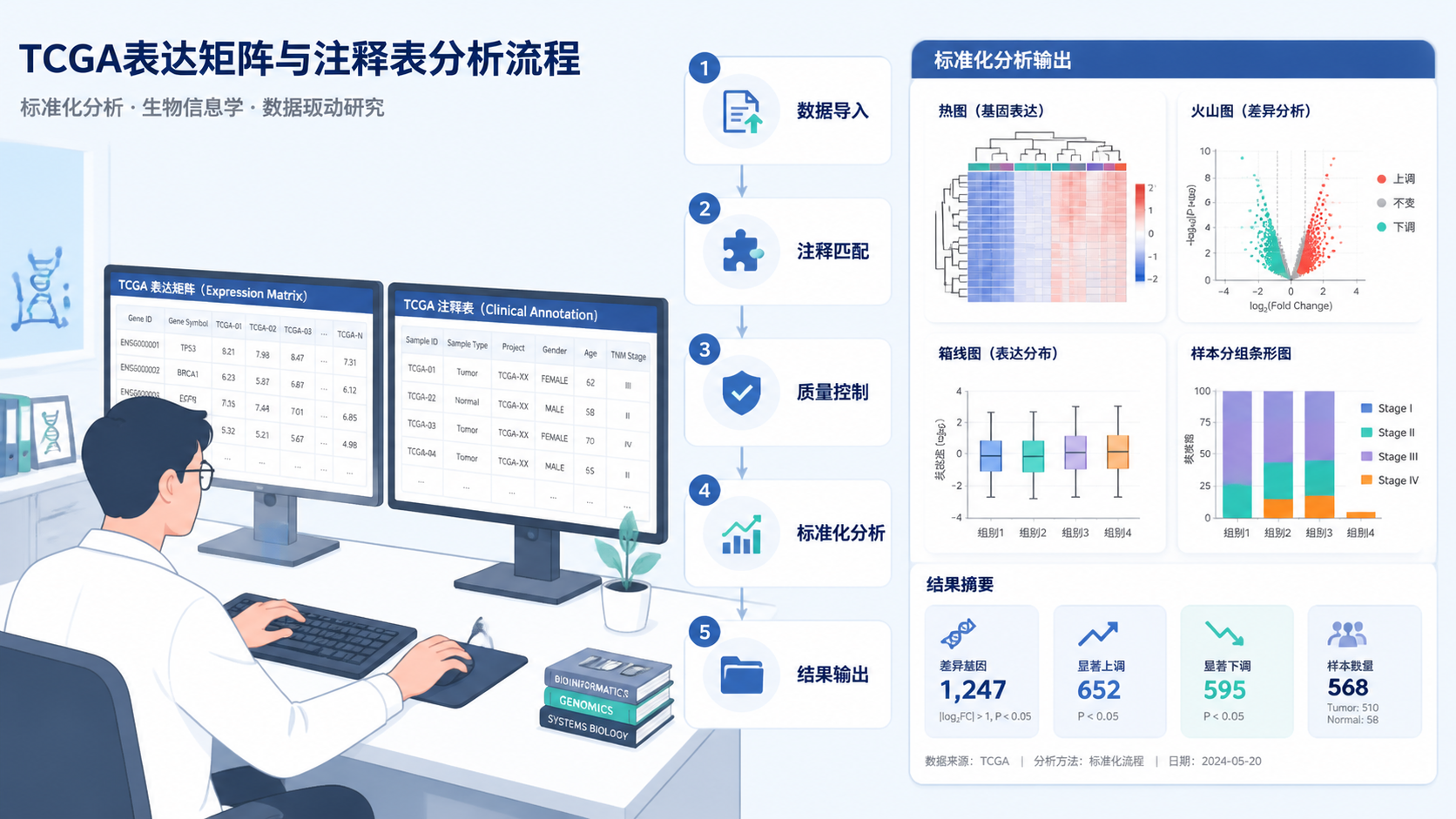 科研人员在电脑前处理TCGA表达矩阵与注释表的工作场景，旁边展示清晰的5步流程图和标准化分析输出