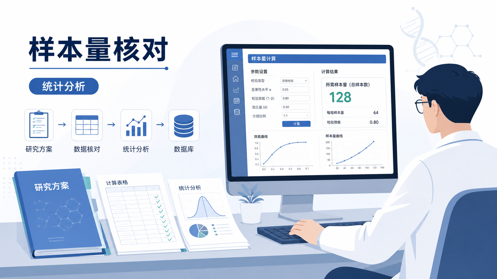 科研人员在电脑前使用统计软件核对样本量参数，旁边有研究方案、计算表和数据库图标，突出专业与效率。